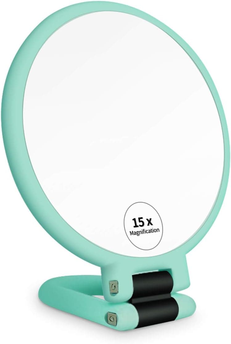 FUHUIM 1x 15x Magnifying Handheld Mirror, Double Sided Handheld Mirror with Foldable Hand, Portable Travel Mirror with Magnification for Girls Woman（Green）
