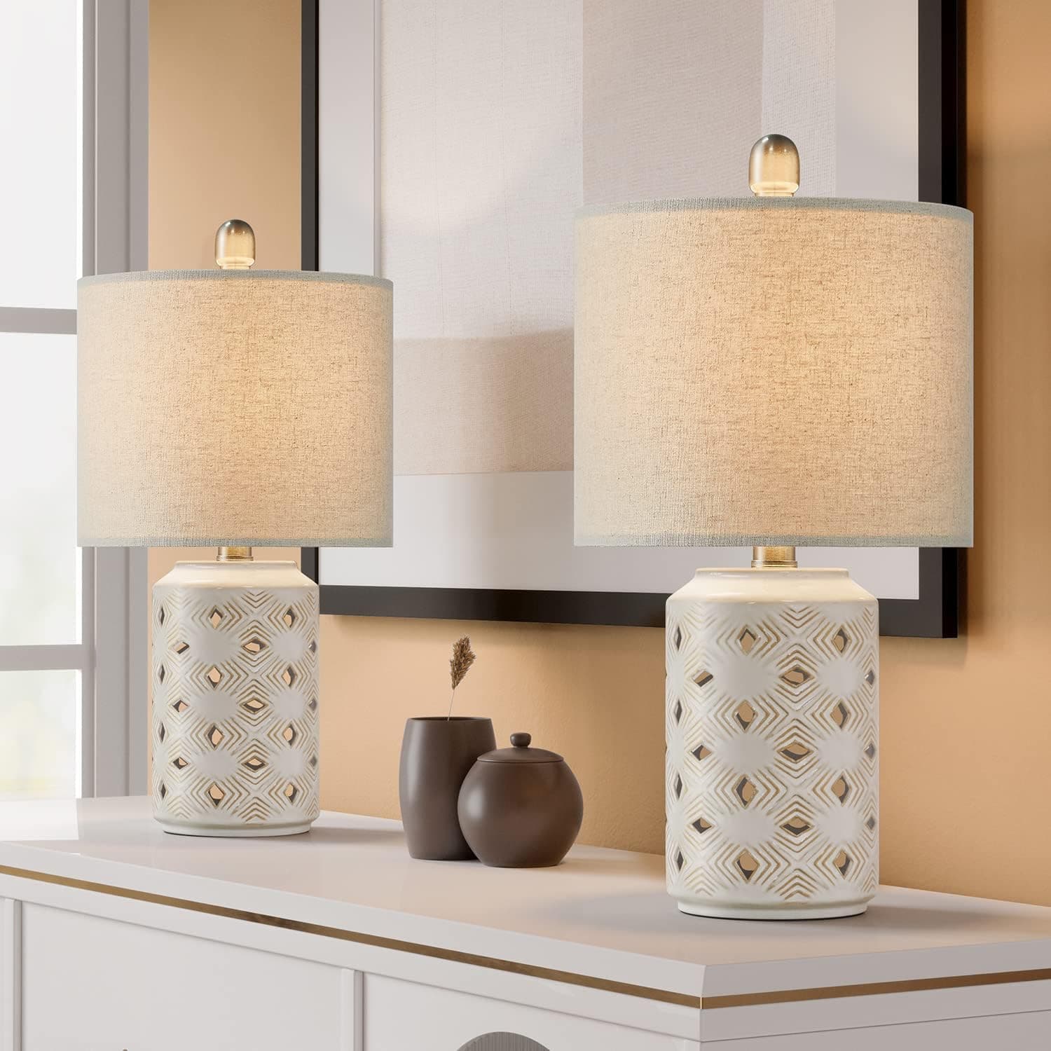 PORTRES 18.5’’ Farmhouse Medieval Ceramic Table Lamp Set of 2 for Bedroom Living Room Rustic Rural Bedside Nightstand End Table Desk Lamps for Study Room Office Dorm