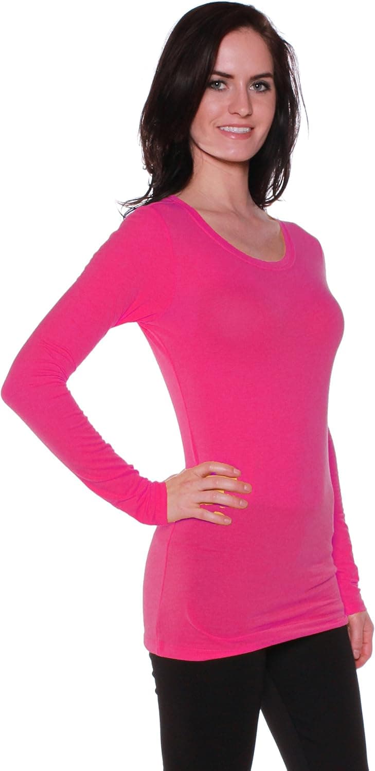 Active Basic Athletic Fitted Plain Long Sleeves Round Crew Neck T Shirt Top,Large,Fuschsia