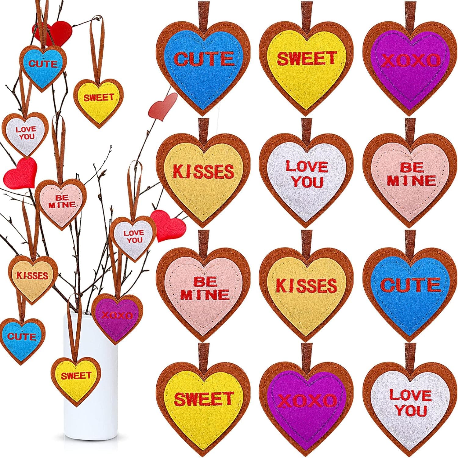 18 Pieces Valentines Day Felt Heart Ornaments Valentine Small Heart Hanging Ornaments Colorful Valentine Decorations for Home Valentines Felt Heart Ornaments for Valentine's Day Wedding Party Decors