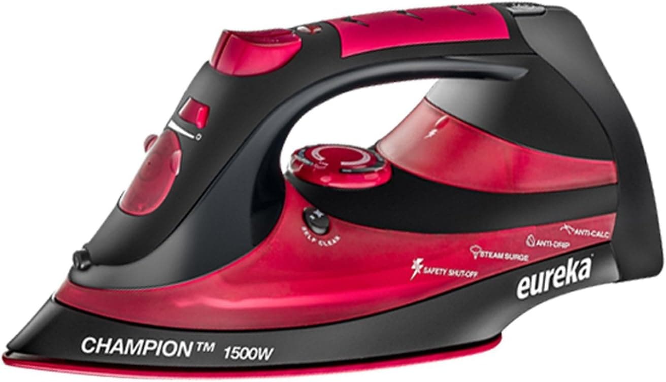 EUREKA ER15001 Champion 1500-Watt Micro Steam Iron Patent Nano Ceramic Soleplate with Auto-Off, Anti Drip, Red