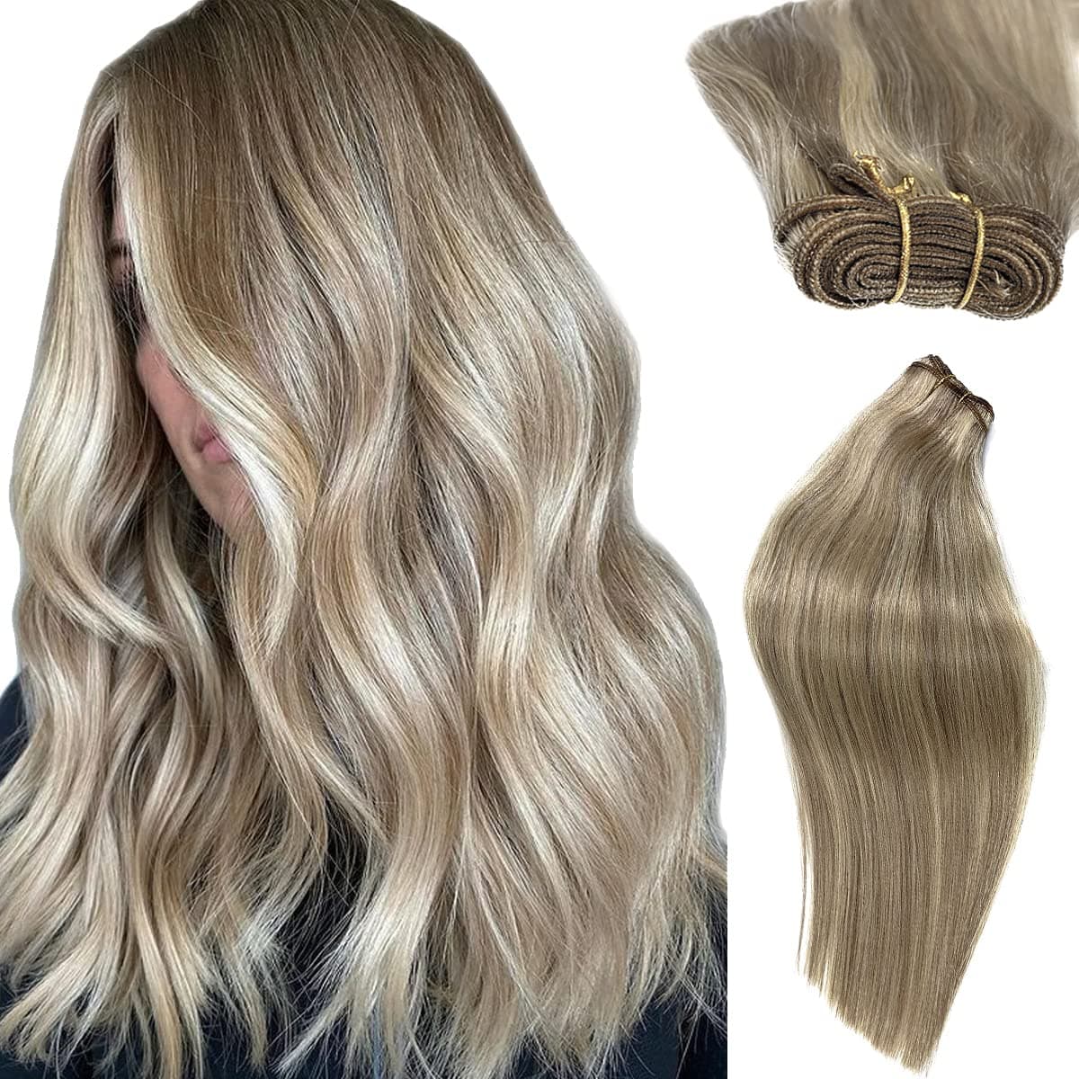 Sew in Hair Extensions Real Human Hair, Weft Hair Extensions Human Hair 20 Inch 100G Ash Blonde Balayage Highlights Blonde Hair Extensions Sew in Hand Tied Weft Hair Extensions Human Hair Bundles