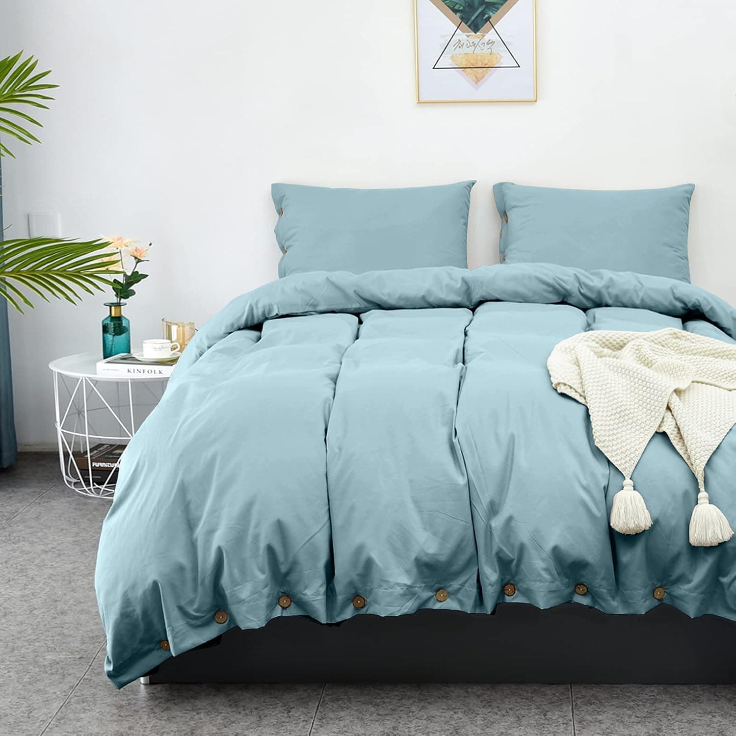LHKIS Duvet Cover Queen, Gray Blue Farmhouse Duvet Cover Set, Soft Microfiber Comforter Cover Hotel Button Bedding Duvet Cover 3 Pieces