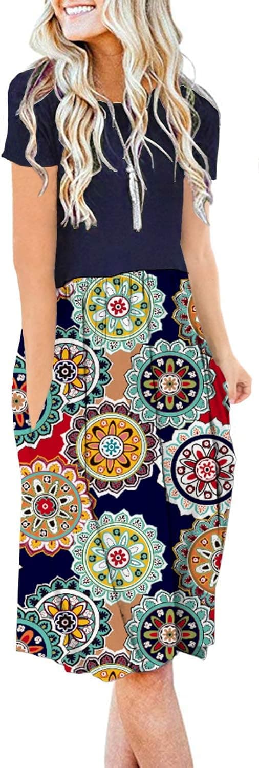 AUSELILY Women's Short Sleeve Pockets Empire Waist Pleated Loose Swing Casual Flare Dress (XL, Navy Floral Red)