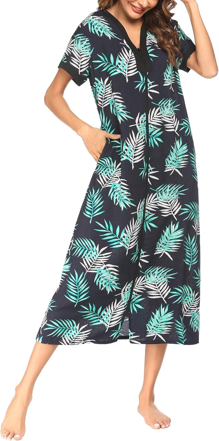 Evanhome Women Zipper Nightgown Short Sleeve Zipper Front Duster Sleepwear Floral Printed Housecoat S-XXL