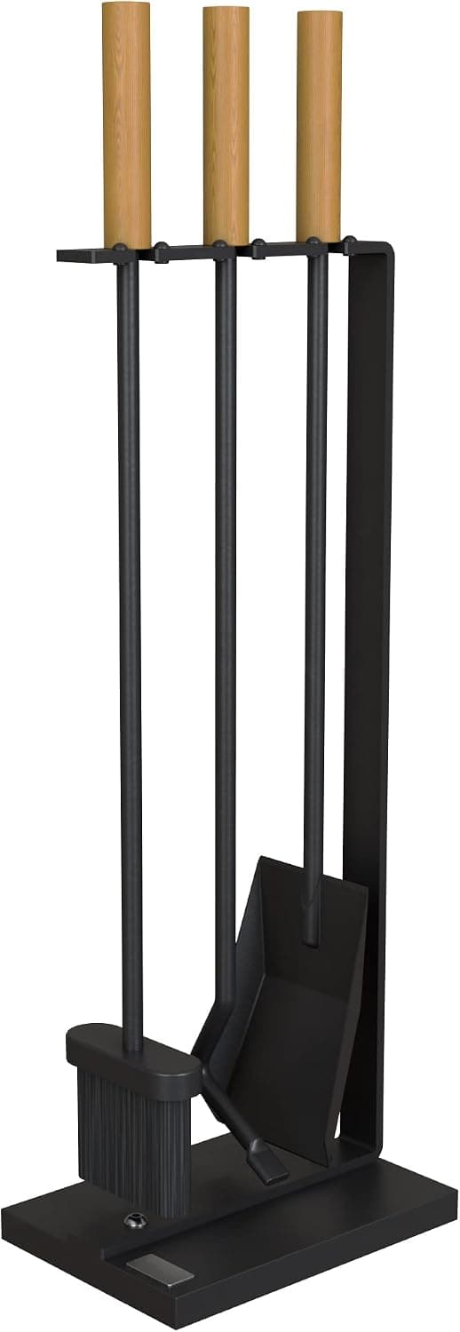 TheRackCo. - Fireplace Tools Set with Metal Base and Wood Handle, Broom, Shovel and Poker