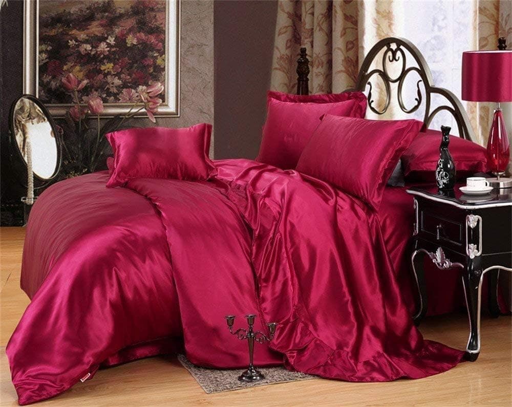 7-Piece Luxury Silky Soft Polyester Satin 16" DP Bedding Set Momme Silk microfiber Comforter & Sheets Set (1 Comforter, 1 Fitted Sheet, 1 Flat Sheet, 4 Pillow Cases) (Burgundy, California King)