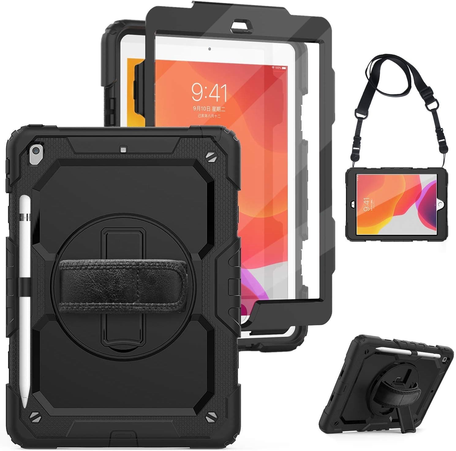 TSQ iPad 7th Generation Case with Pencil Holder,[Built-in Screen Protector] Heavy Duty Shockproof Hard Durable Rugged Protective Case with Hand Strap/Stand/Shoulder Strap for iPad 10.2 Case,Black