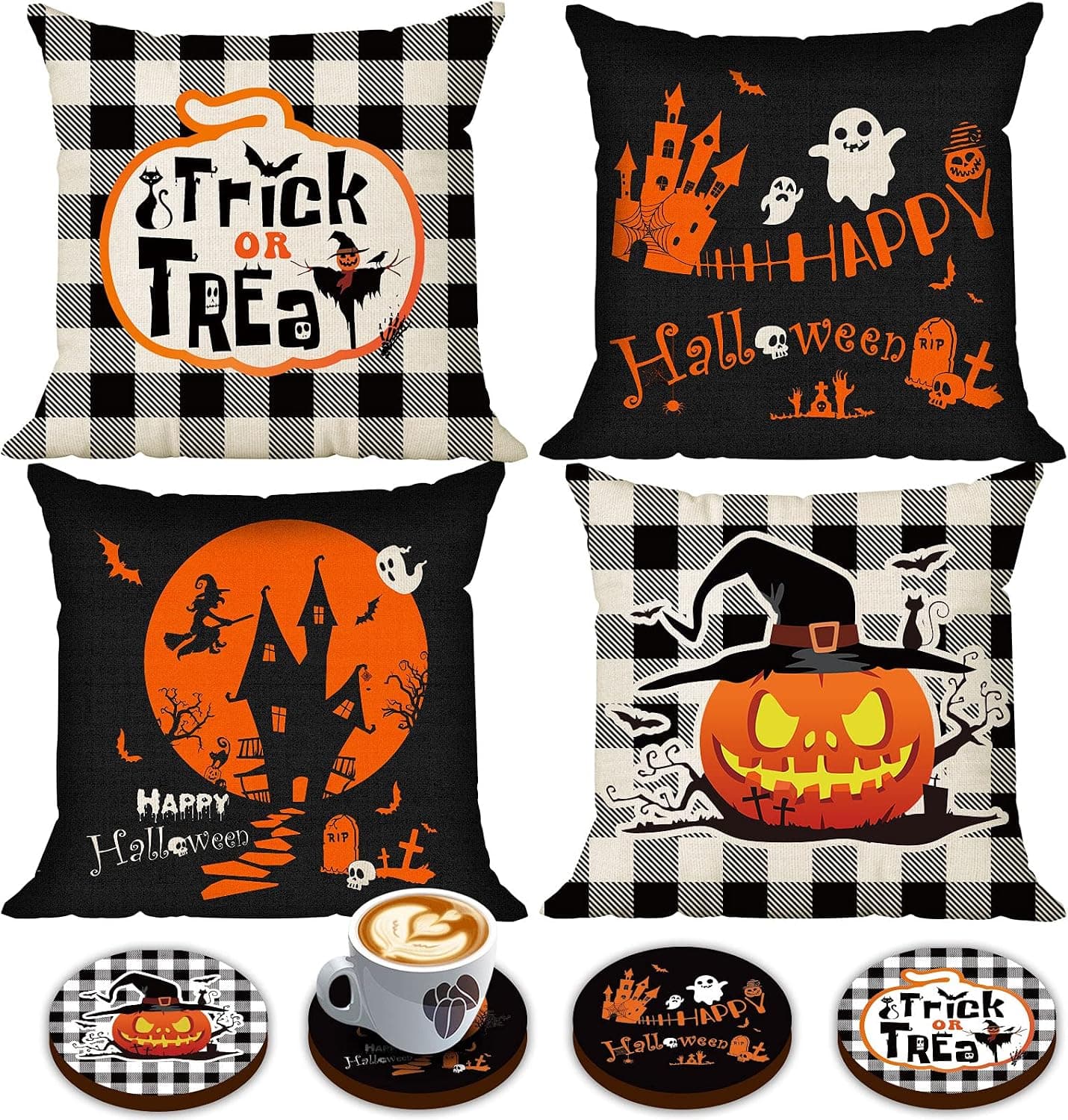 Set of 4 Happy Halloween Throw Pillow Covers 18 x 18 with 4 Bonus Coasters, Buffalo Check Pumpkin Decorative Pillowcases, Festive Ghost Bat Caster Trick or Treat Decorations for Farmhouse