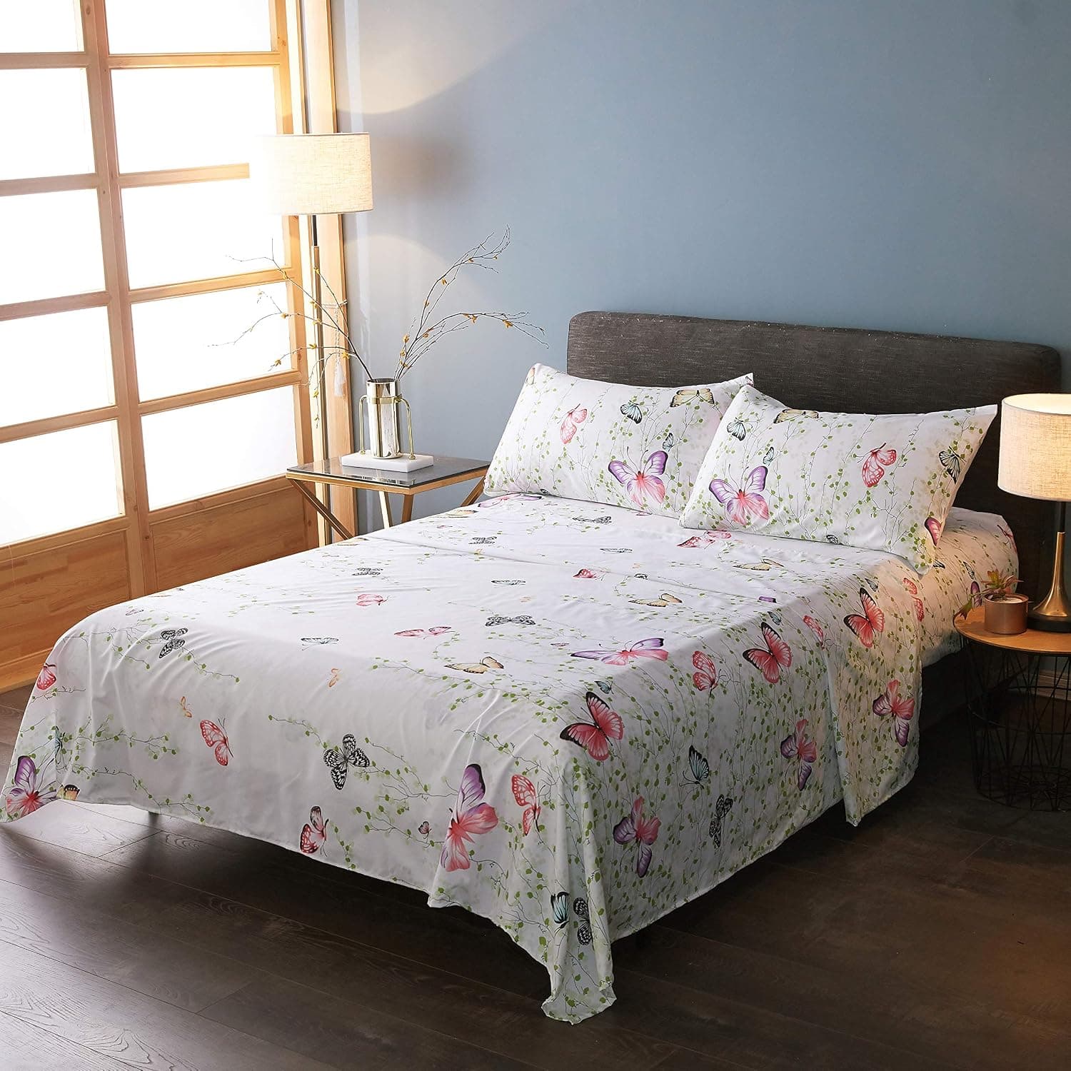 LAMEJOR Bed Sheet Set Queen Size Butterfly Pattern 4 Piece Hotel Luxury Bed Sheets - 1 Flat Sheet, 1 Fitted Sheet, 2 Pillowcases -Deep Pockets, Easy Fit