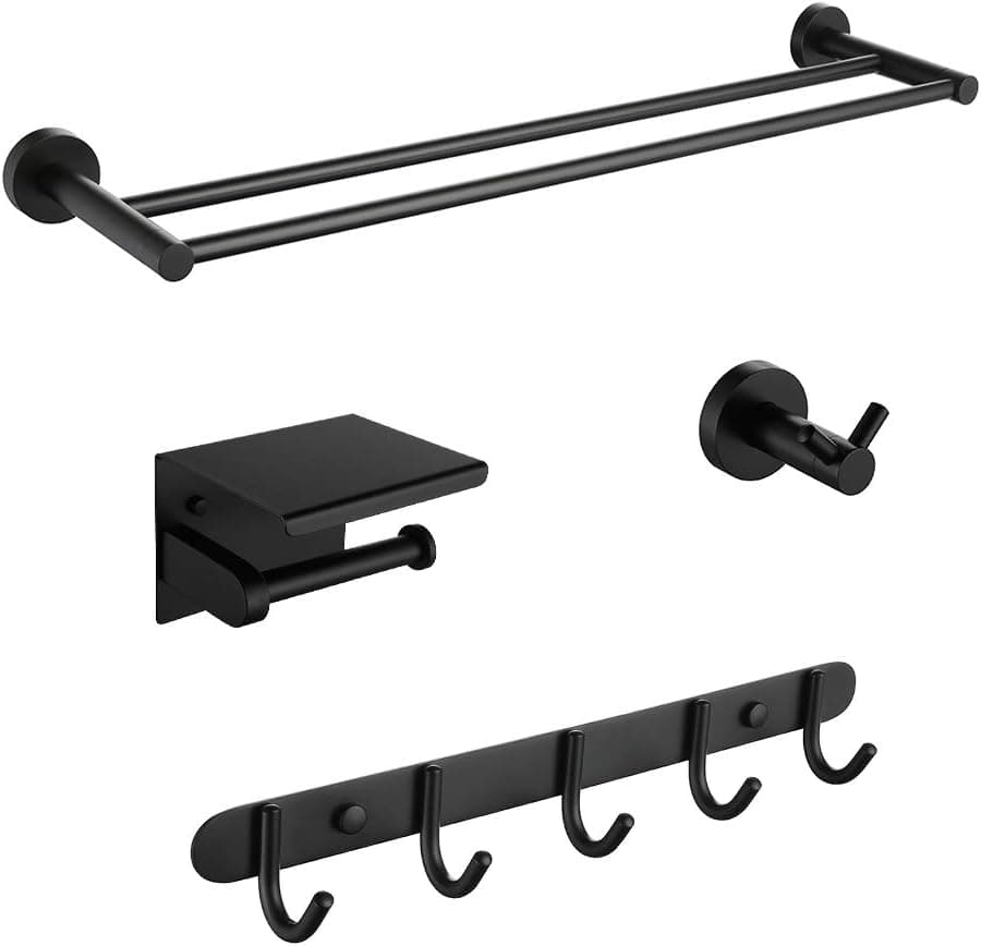 Iriber Bathroom Hardware Round Matte Black Double Bath Towel Bar Rack Shelf Caddy Accessory Set,Stainless Steel Coat Rack with 5 Scroll Hooks,Toilet Paper Holder,Robe Hook Wall Mounted,4-Piece