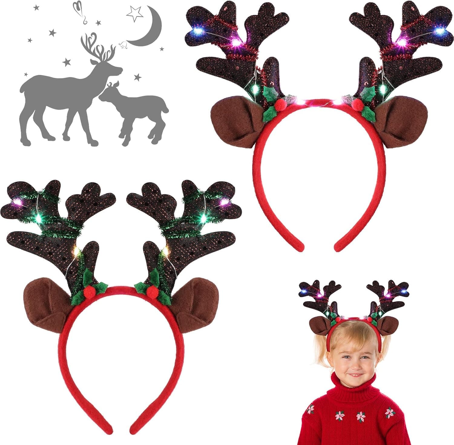 Luinabio 2 Pieces Christmas Headbands Glowing Costume Headwear Accessories Hair Hoop with 3D Designs for Holiday Party