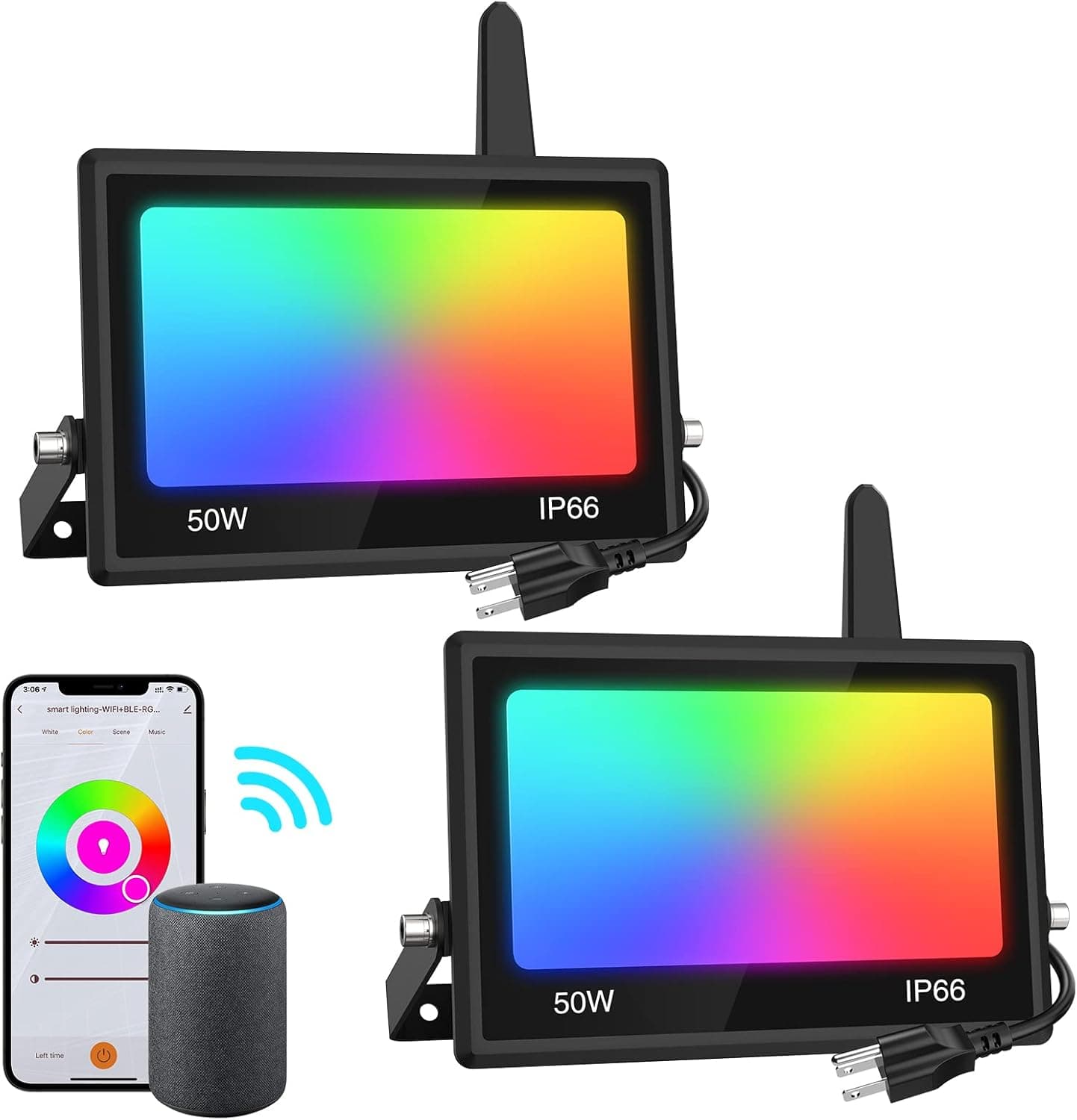 Onforu RGBCW LED Flood Light 500W Equiv 2 Pack, WiFi Controlled Uplights 2700K-6500K Color Changing Stage Lights Work with Alexa, IP66 Smart floodlight Outdoor for Events Party Landscape, Timing