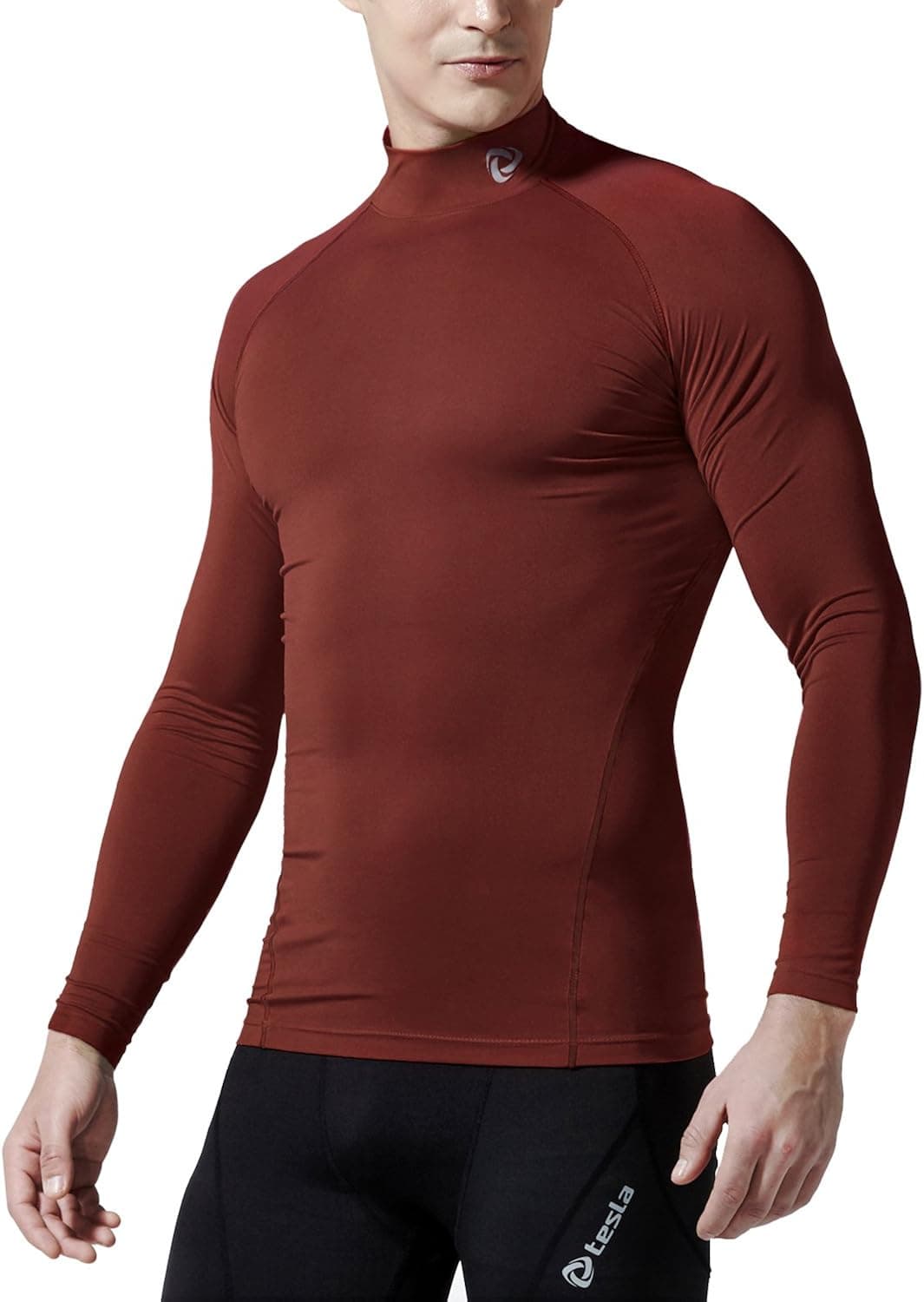 Tesla TM-T32-BR_Small Men's Thermal Wintergear Compression Baselayer Mock Long Sleeve T Shirts T32