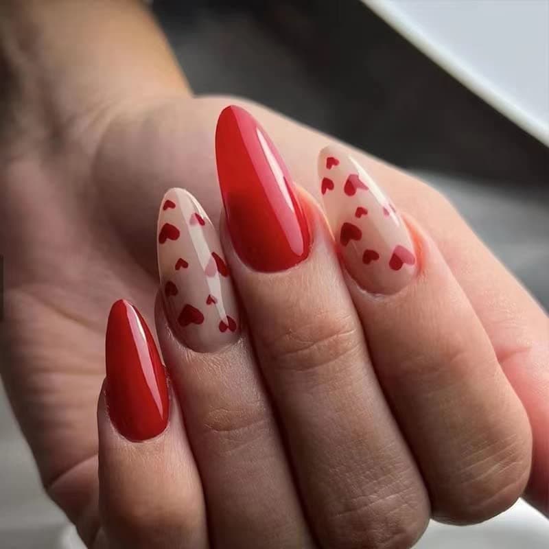 diduikalor Valentines Day Press on Nails Medium Heart Fake Nails Almond Acrylic Glue on Nails Red False Nails Glossy Stick on Nails Artificial Static Nails for Women Girls 24Pcs