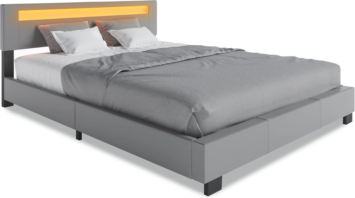 ZTOZZ Parma LED Bed Frame Full Size - Contemporary Modern Low Profile Platform Bed with 16 Colors LED Adjustable headboard and PU Leather Upholstery - Light Gray Color