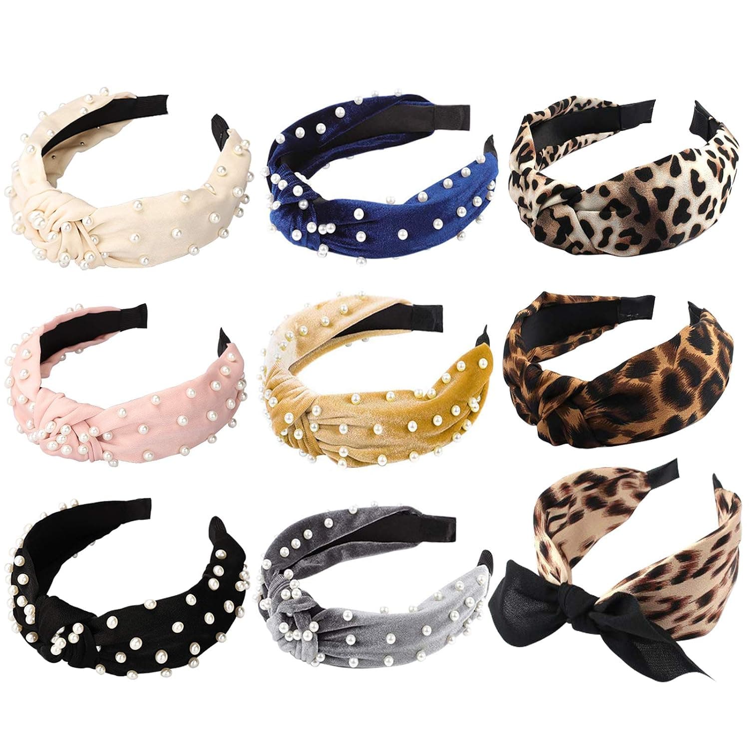 Headbands for Women 9 Pack, 3 Leopard Headbands and 6 Velvet Pearl Hairbands, Fashion Cute Elegant Wide headband Top Cross Knot Stripe Turban Hair Hoop Headwrap Headwear for Women Girls Hair Accessories (3 Leopard ＆ 6 Pearl Headbands)