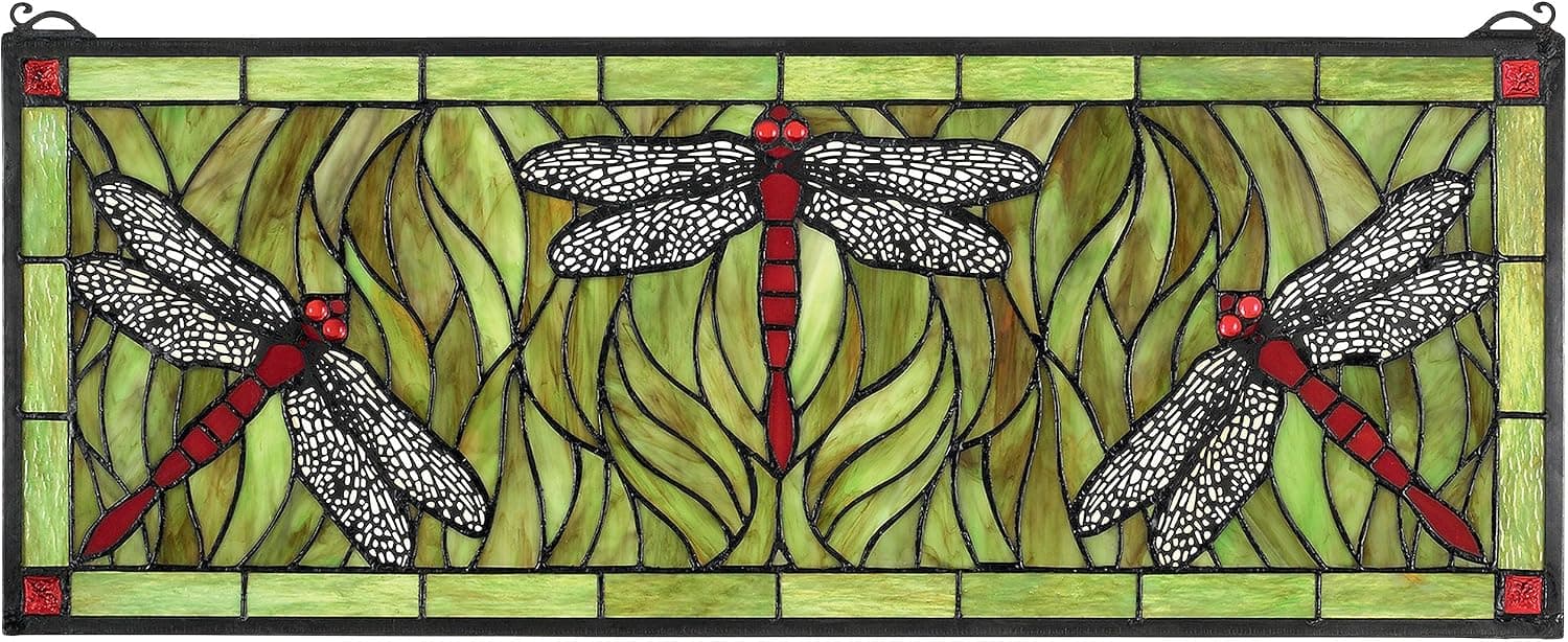 Design Toscano TF10021 Emerald Green Dragonfly Tiffany-Style Stained Glass Window, full color