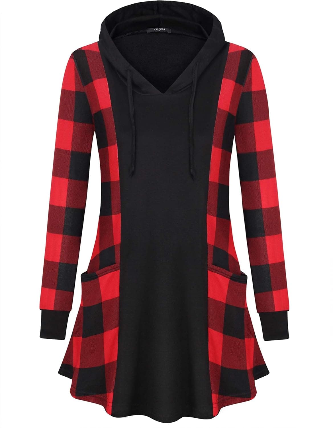 VALOLIA Women's Long Sleeve V Neck Tunics Tops Loose Fitting Casual Plaid Winter Ladies Sweatshirts with Pockets