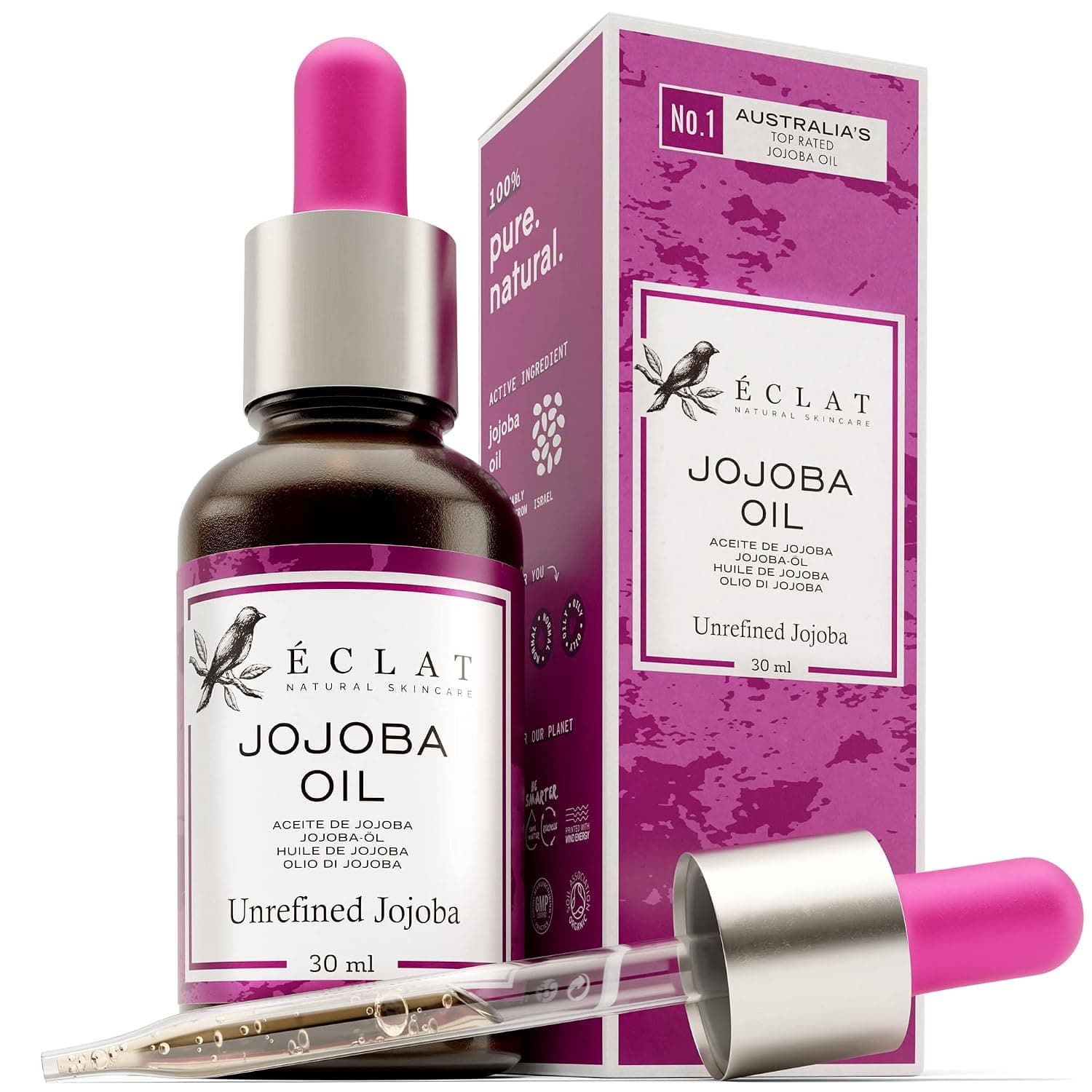 Jojoba Oil - Organic Jojoba Oil for Hair, Face & Skin - Pure Jojoba Oil for Face, Body, Beard & Nails, Face Oil for Gua Sha Massage, Hydrating, Regenerating Natural Moisturizer - Cold Pressed - Eclat