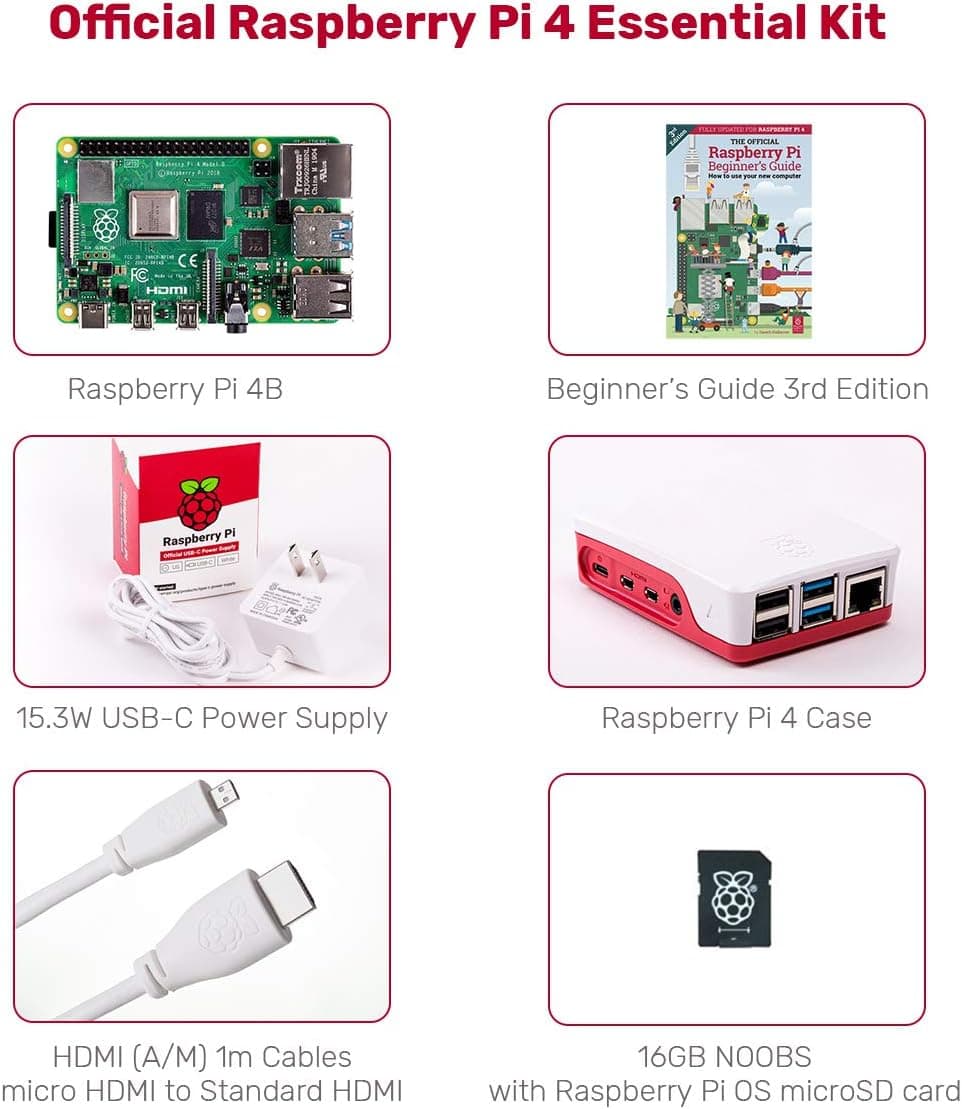 Raspberry Pi 4B 4GB RAM 16GB Storage Official Essentials Starter Kit with 16GB Noobs Micro SD Card, Pi 4 Case, HDMI to Micro HDMI Cable, 15W USB-C Power Supply and Beginners Guide (4GB RAM)