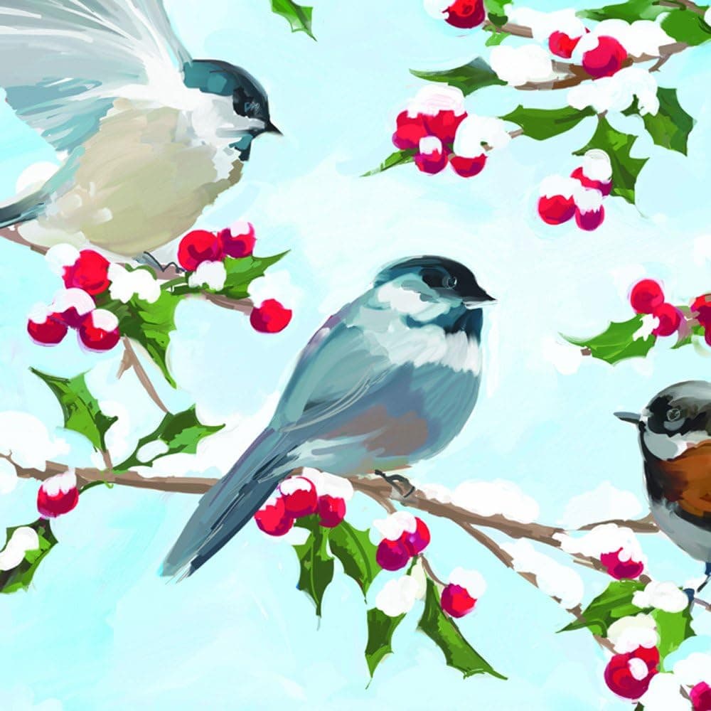 Paperproducts Design Holiday Paper Napkin for Cocktail, 5 by 5-Inch, Chickadees and Holly