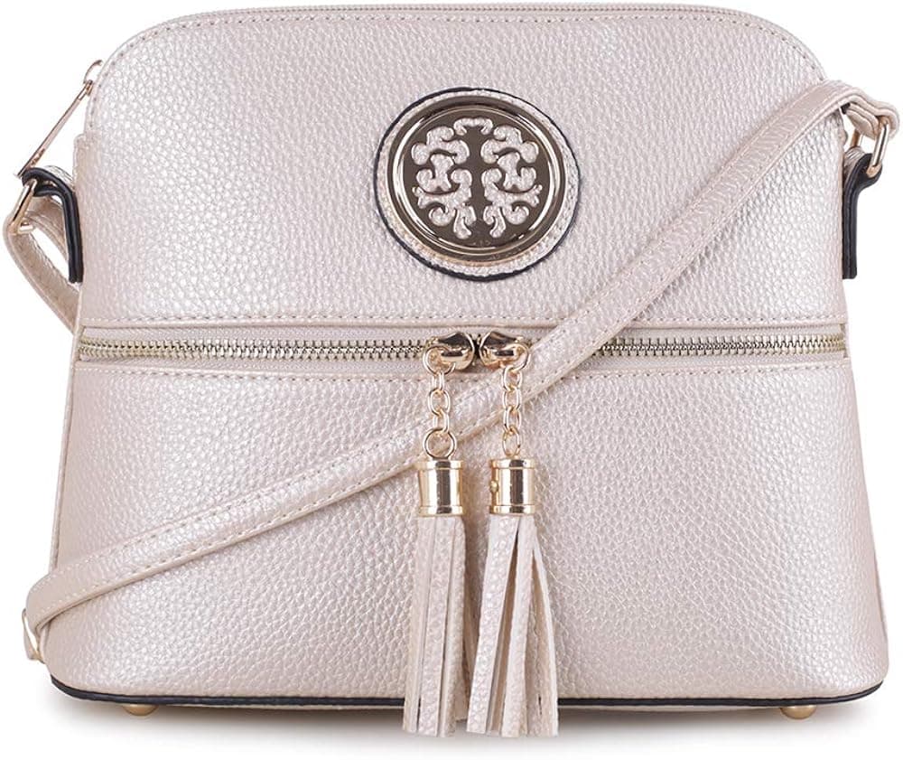 SG SUGU Lightweight Medium Dome Crossbody Bag with Tassel and Metallic for Women | Zipper Pocket | Adjustable Strap | CHAMPAGNE