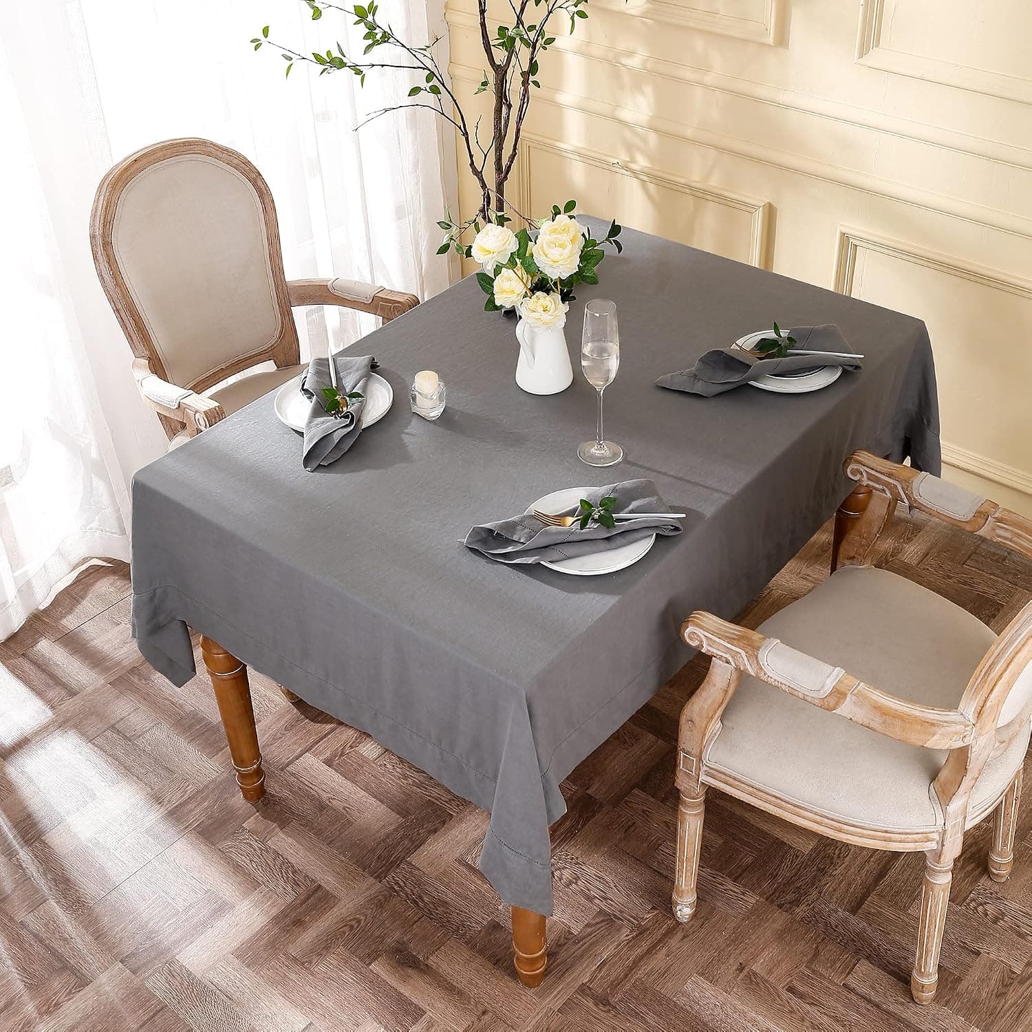 Simple&Opulence Premium 100% Linen Hemstitch Tablecloth-60 x 104 Inch Ultimate Grey Color, Natural Fabric, Rectangular Tablecloth for Indoor and Outdoor Use for Easter