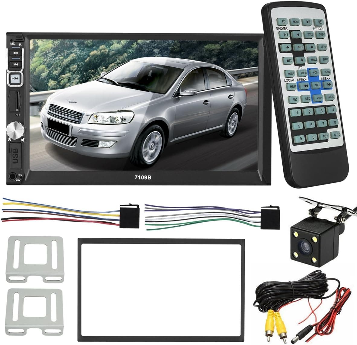 LSLYA(TM) 7" Double DIN Touchscreen car MP5 player/Car Audio Video Player hands free call/FM/USB/TF/AUX input support including Rear View Camera/Remote Control(7109B)