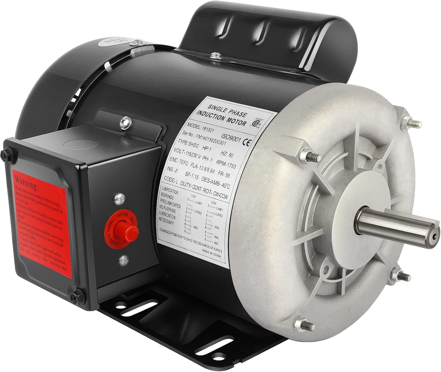1 HP Electric Motor Farm Duty Single Phase Motor 1750RPM 115V/230V 56 Frame 13.6/6.8A CW/CCW TEFC