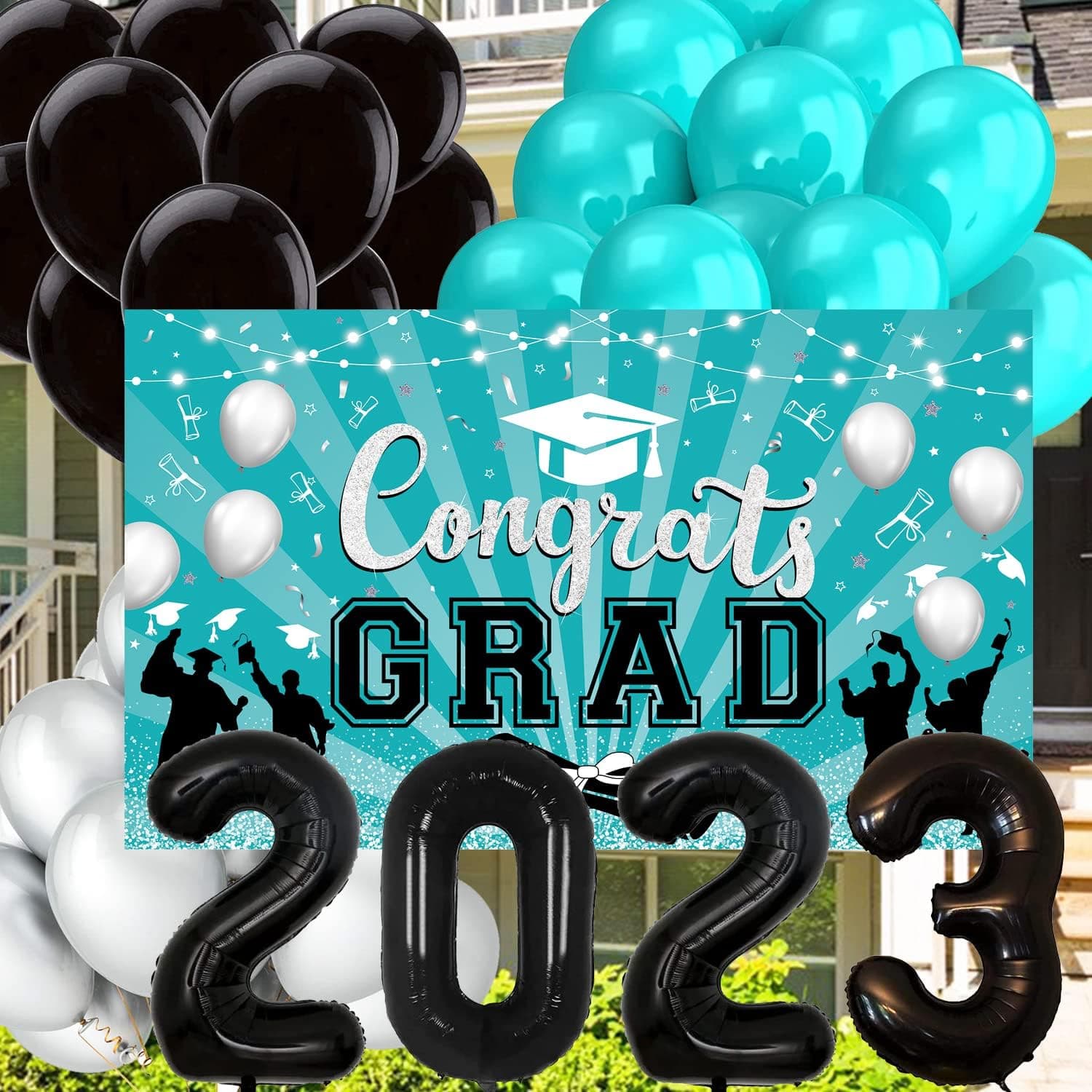 Turquoise Graduation Party Decorations 2023 Teal Turquoise Black Grad/Class of 2023 Banners Congrats Grad Graduation Decoration for High School College Graduation Party Supplies