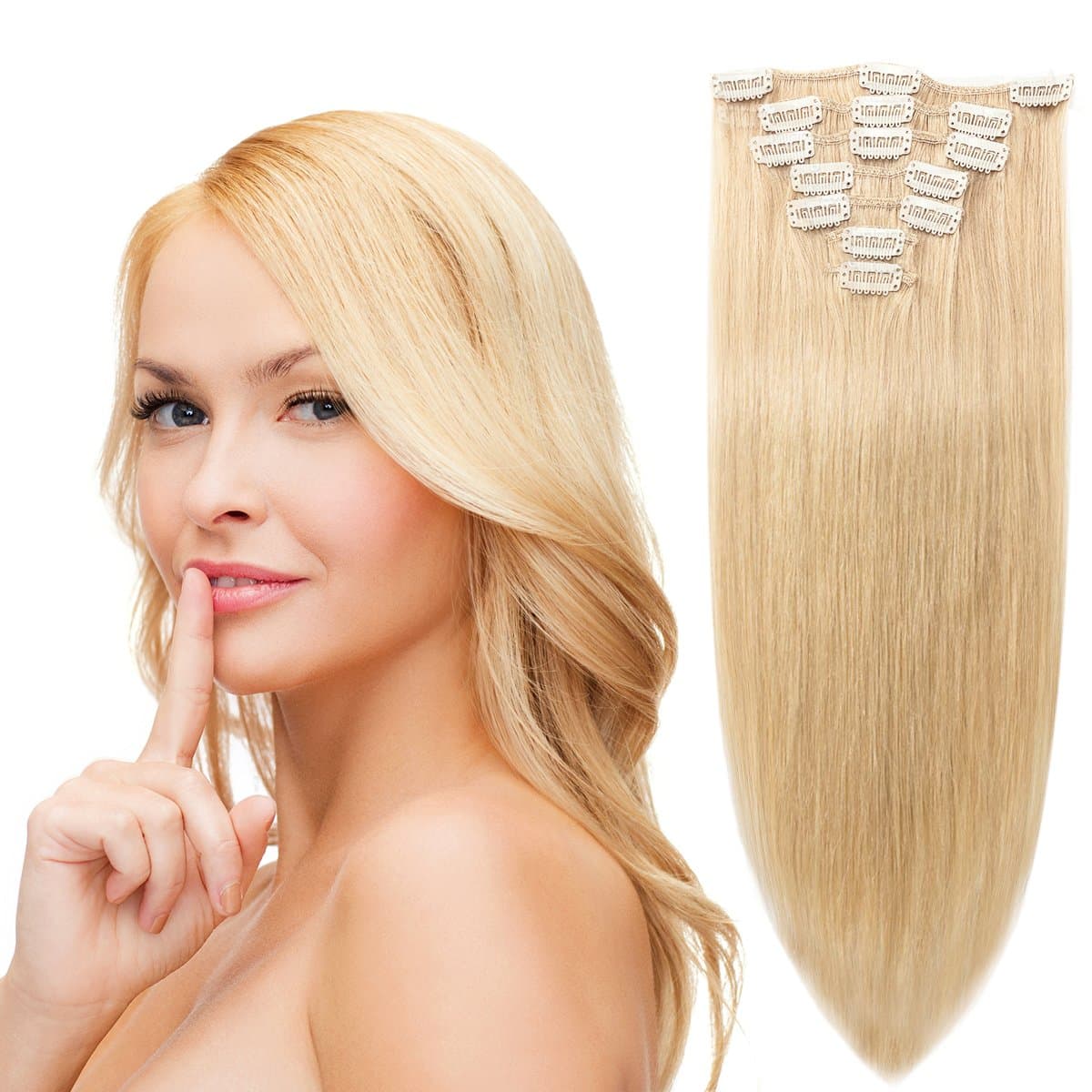 18" Remy Hair Extensions Clip in Human Hair with 15clips 7pcs Soft Smooth Straight &Thin for Lady (70g, Natural Blonde #24)