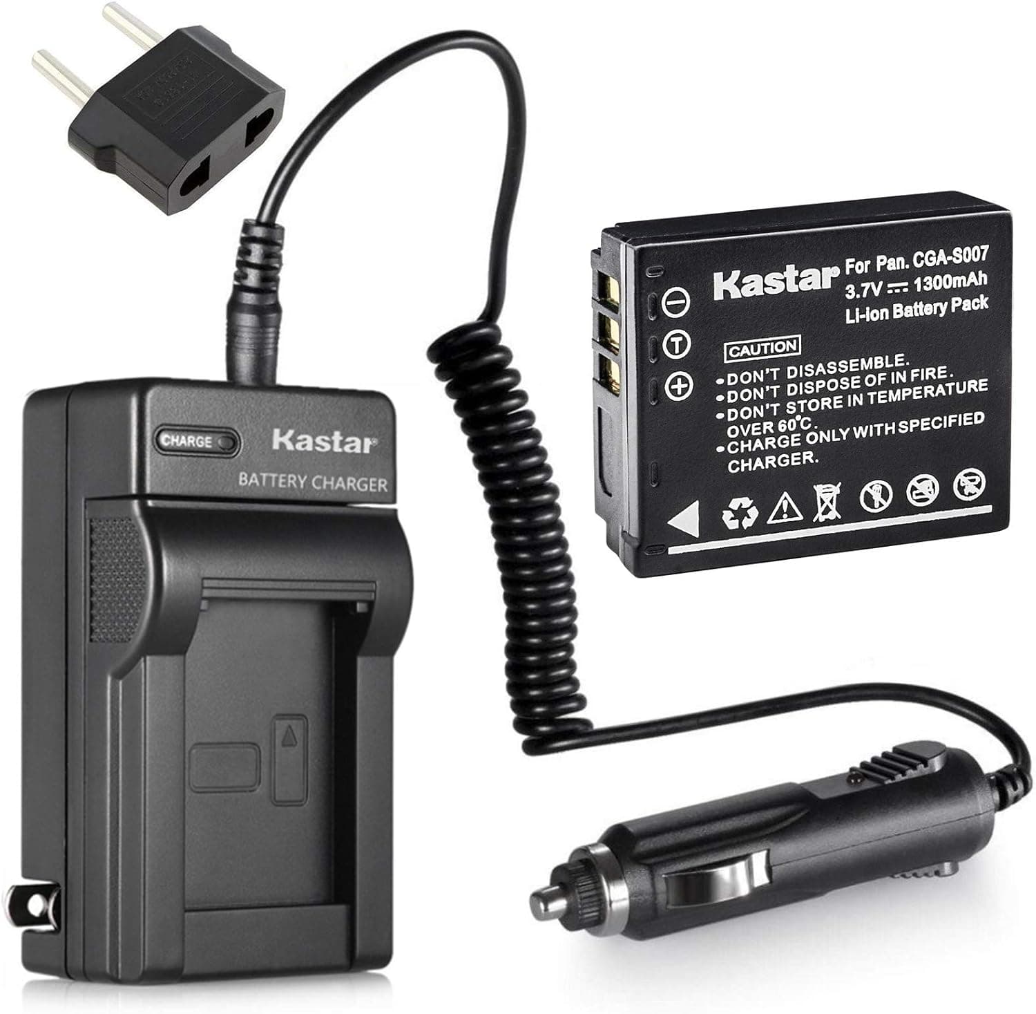 Kastar Li-Ion Battery + Charger for Panasonic LUMIX DMC-TZ1 DMC-TZ2 DMC-TZ3 DMC-TZ4 DMC-TZ5 CGA-S007 CGA-S007A + Car Plug