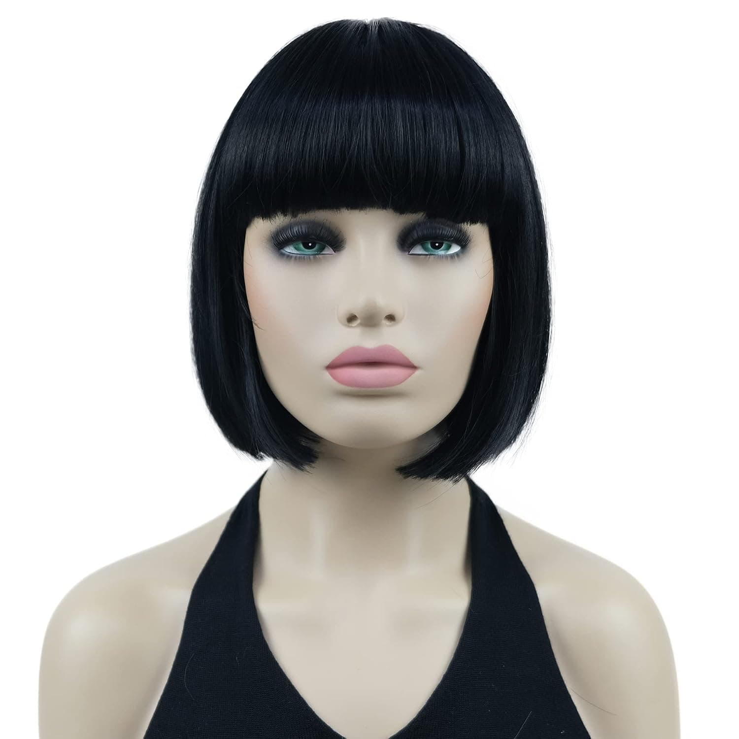 Lydell 8" Straight Short Bob Hair Flat Bangs Cute Central Dot Skin Top Heat Resistant Synthetic Wigs (Black)