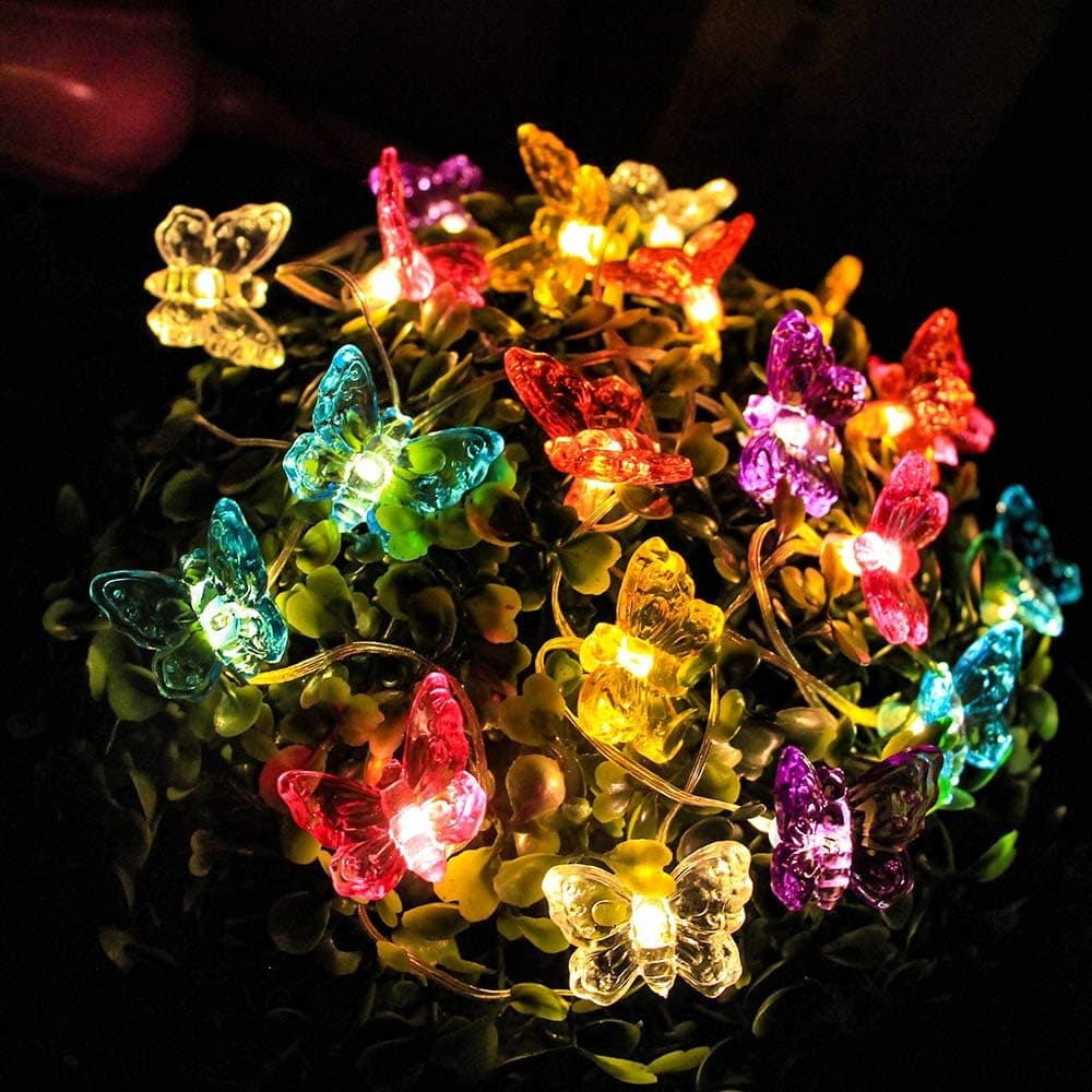 Starry Love Mini Clip Solar Powered Honey Butterfly String Lights，2 Pack 20 LED Solar String Lights Outdoor Honeybee Fairy String Lights for Garden Patio Flower Trees Lawn Landscape(Butterfly)