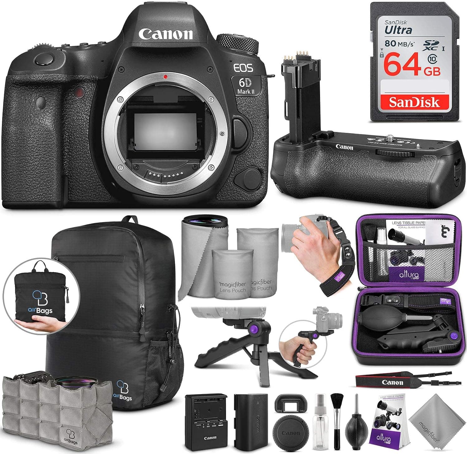 Canon EOS 6D Mark II DSLR Camera Body + Canon BG-E21 Battery Grip with Altura Photo Advanced Accessory and Travel Bundle