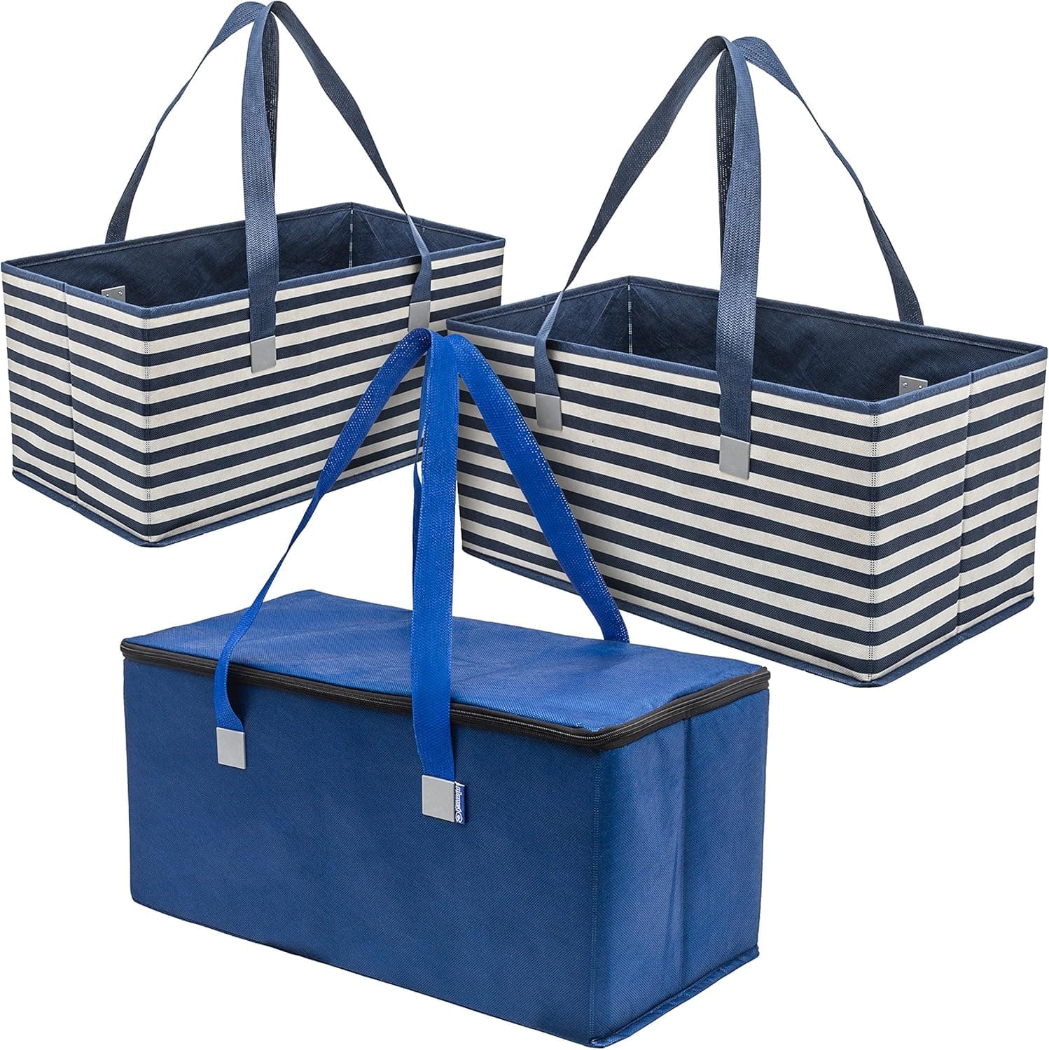 Planet E Reusable Grocery Picnic Shopping Bags - Heavy Duty Colorful Collapsible Insulated Zip Coolers (Pack of 3)
