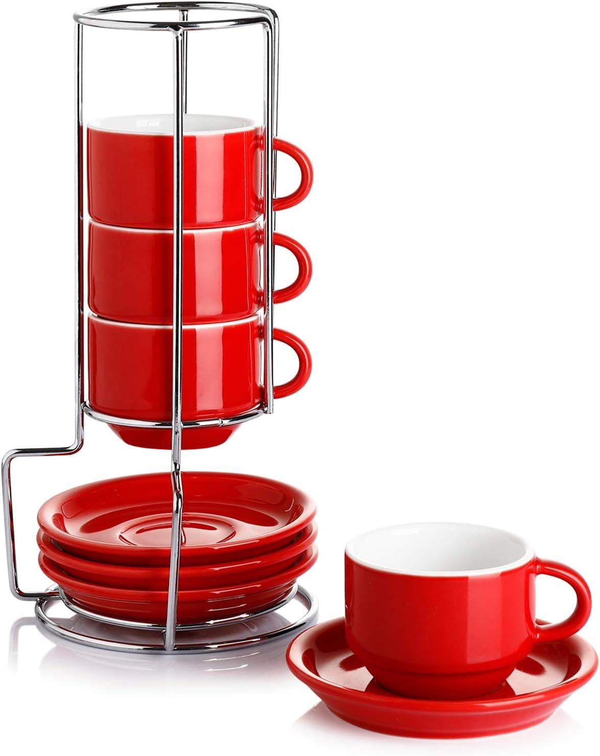 Sweese 4 Ounce Porcelain Stackable Espresso Cups with Saucers and Metal Stand Set of 4, Red - 405.404