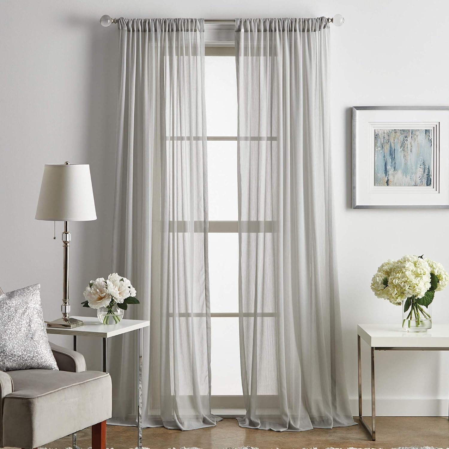 MARTHA STEWART Glacier Sheer Rod Pocket Window Curtain Panel Pair, 95", Silver