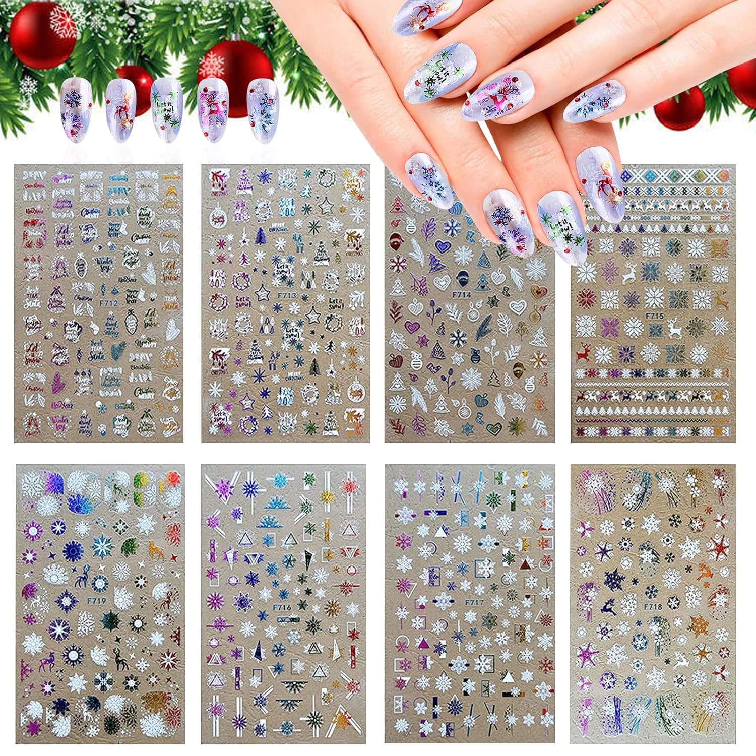 8 Sheets 3D Christmas Nail Decals Christmas Nail Gold Silver Snowflakes Nail Stickers，Gold Nail Art Stickers Snowflake Snowman Christmas Bell Tree Stick Elk for Christams Nail Decorations HOINCO