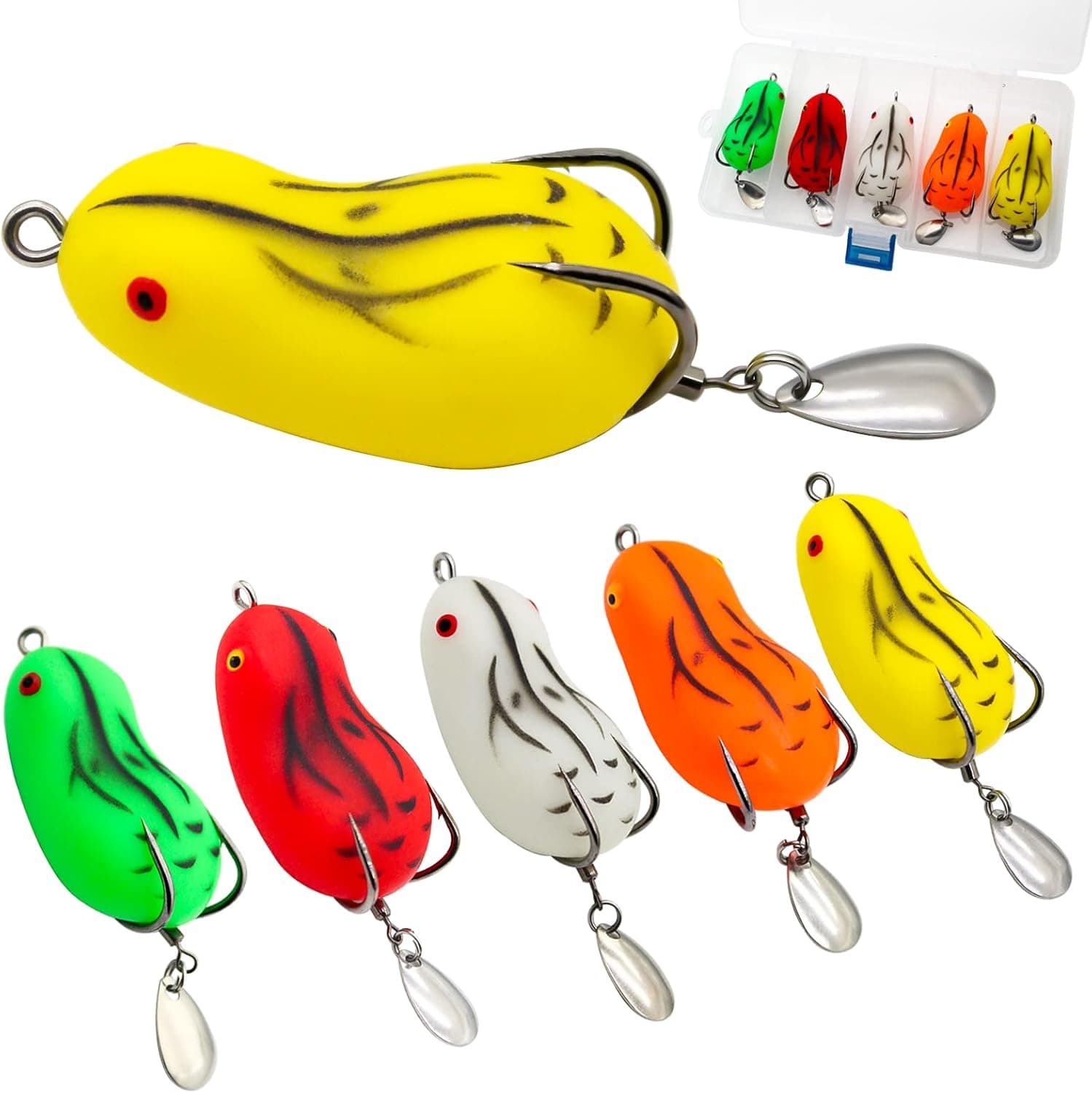 FishingPepo Topwater Frog Lures Sequins, Bass Fishing Lures Soft Swimbait Baits with Tackle Box for Bass Trout Snakehead Salmon Etc, Pack of 5 (Multicolors)