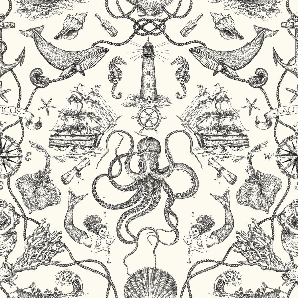 York Wallcoverings HO3360 Deep Sea Toile Wallpaper Black