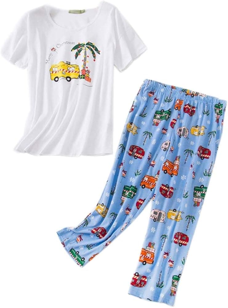 Women Pajama Set Sleepwear Tops with Capri Pants Casual and Fun Prints Pajama Sets SY296-White Bus-XL
