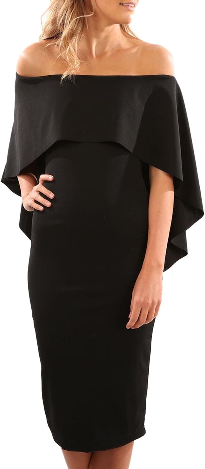 AlvaQ Womens Sexy Off The Shoulder Formal Midi Bridesmaid Dresses Party Evening Cocktail Dress Large Black