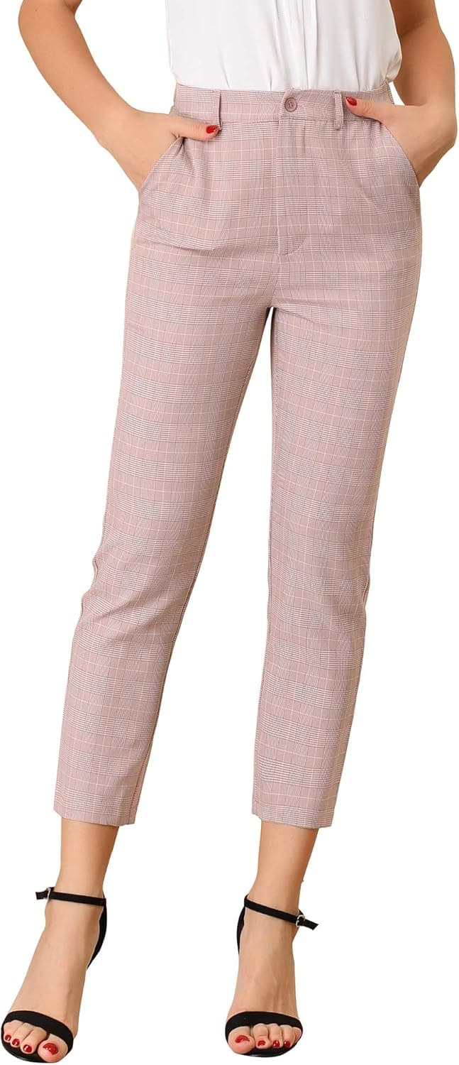 Allegra K Women's Plaid High Waist Elastic Back Office Work Ankle Pants