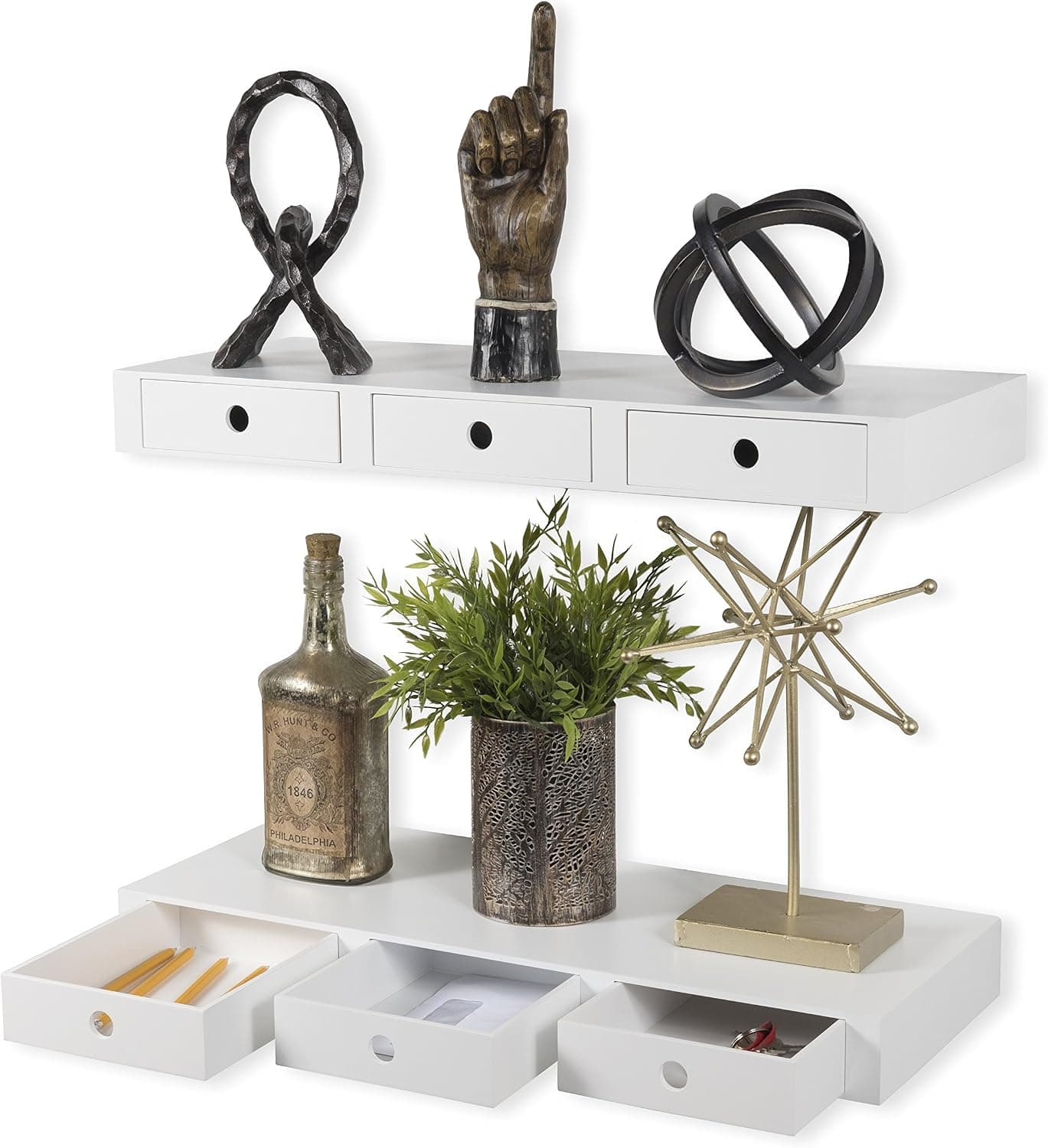 Wall Mount 23 Inch Ingenious Design 3 Drawer Floating Shelf Ideal for Living Room Set of 2 White