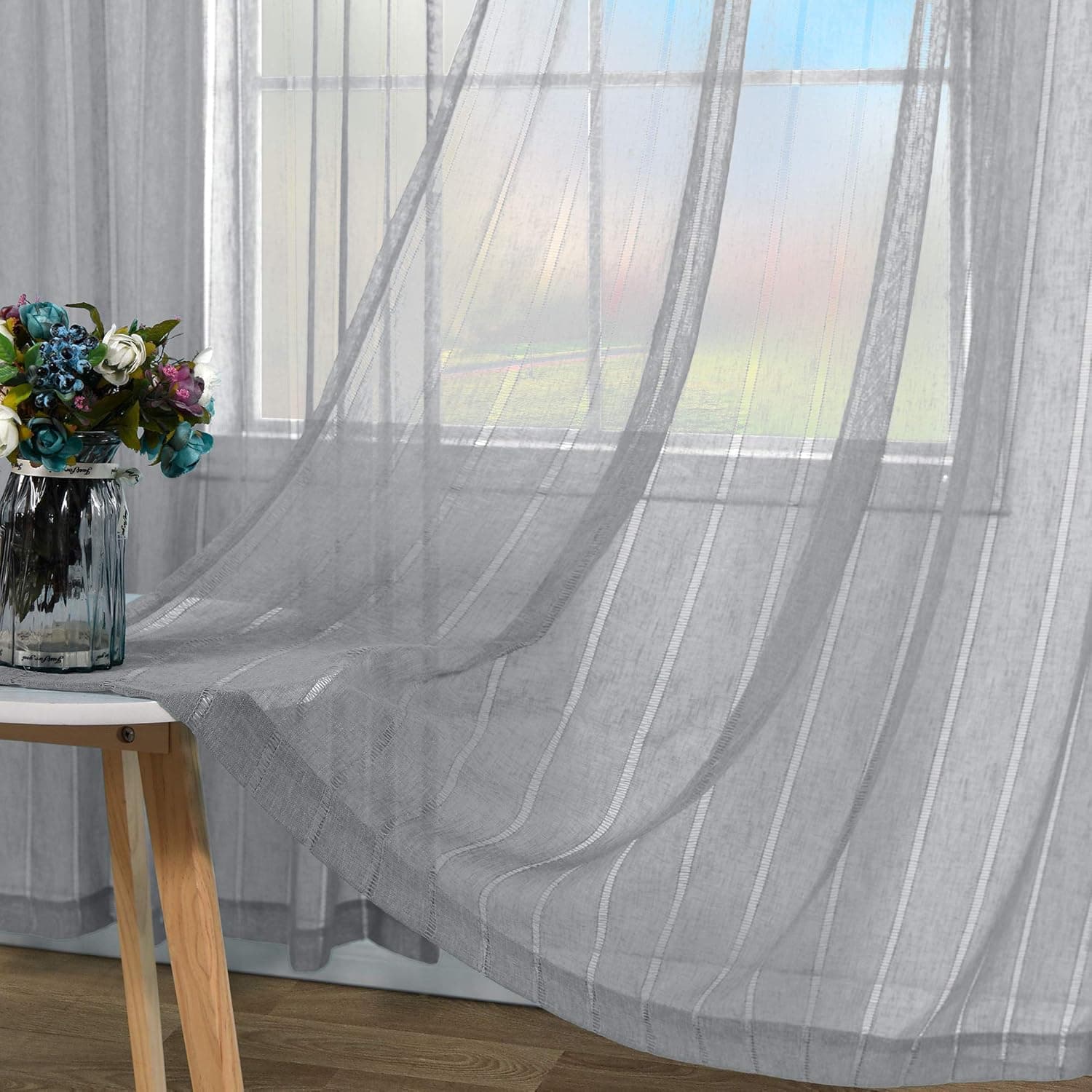 Light Gray Curtains 45 Inch Length for Bathroom Window Rod Pocket Linen Look Design Retro Short Semi Sheer Silver Grey Cafe Ticking Stripe Curtains for Kitchen 52x45 Long