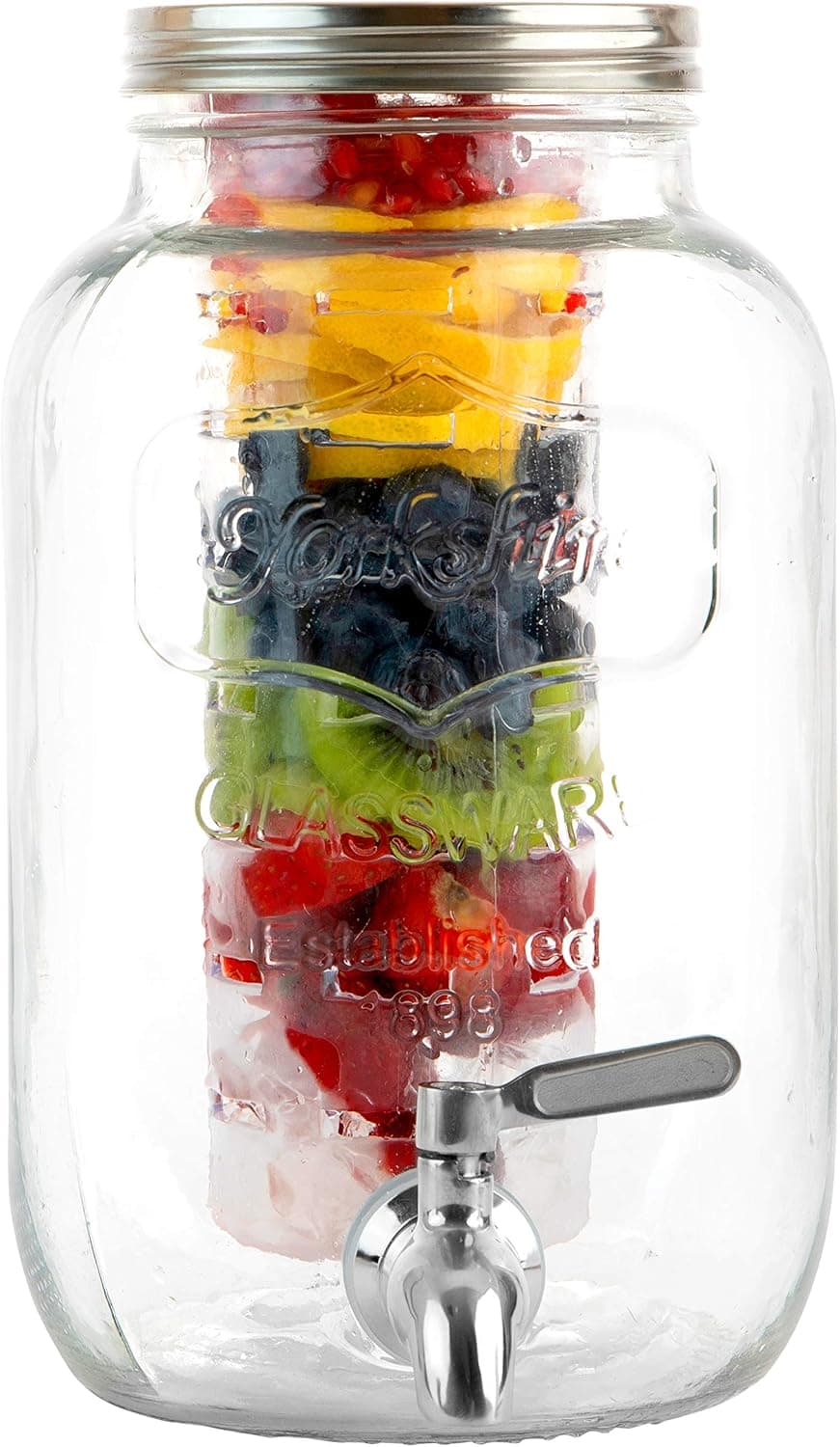 1 Gallon Glass Beverage Dispenser with Ice and Fruit Infusers, Stainless Steel Spigot and Metal Lid, Wide Mouth Mason Jar Drink Dispenser, for Iced Tea, Kombucha Fermenting and more
