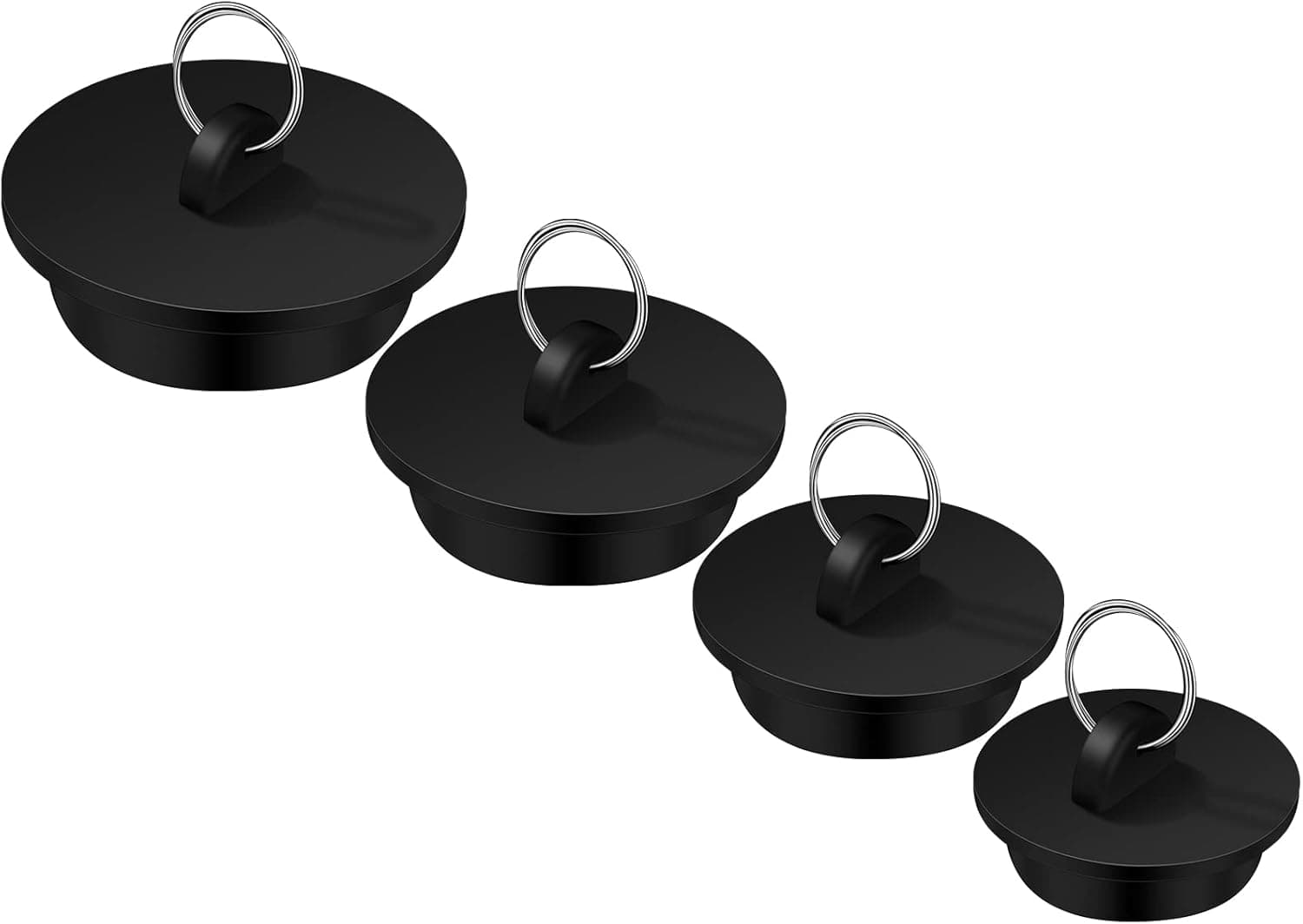 4 Pieces Tub Stopper Set Rubber Sink Stopper Drain Plug with Hanging Ring for Bathtub, Kitchen and Bathroom, Black (1-1/8, 1-3/8,1-5/8, 1-7/8'')