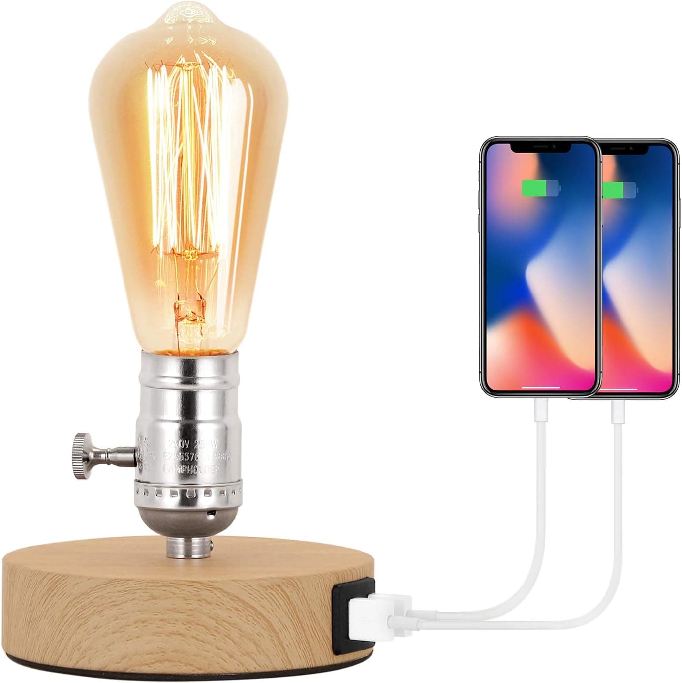 BTY Vintage Table Lamp Base with 2 USB Port Industrial Table Lamp USB Small Nightstand Lamp Holder for Table, Bedside, Bedroom E26 (Wood Color)